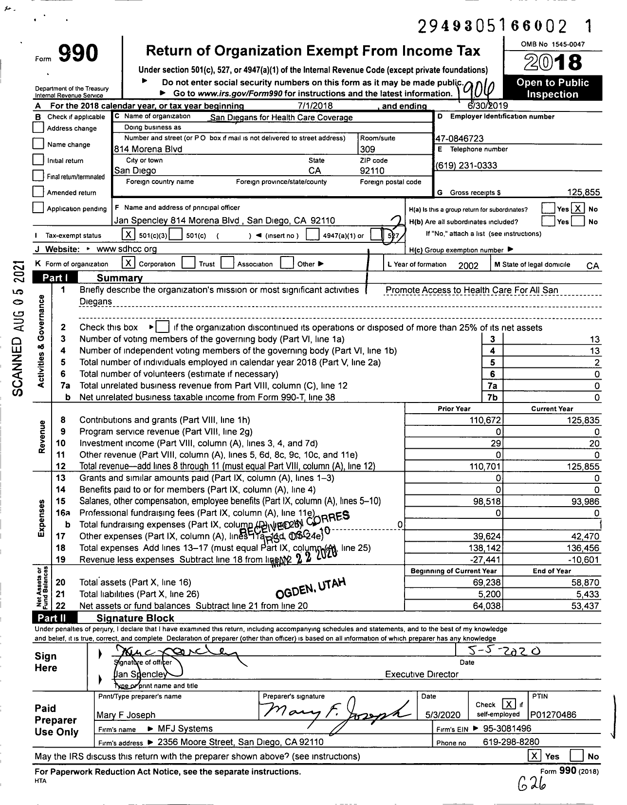 Image of first page of 2018 Form 990 for San Diegans for Health Care Coverage