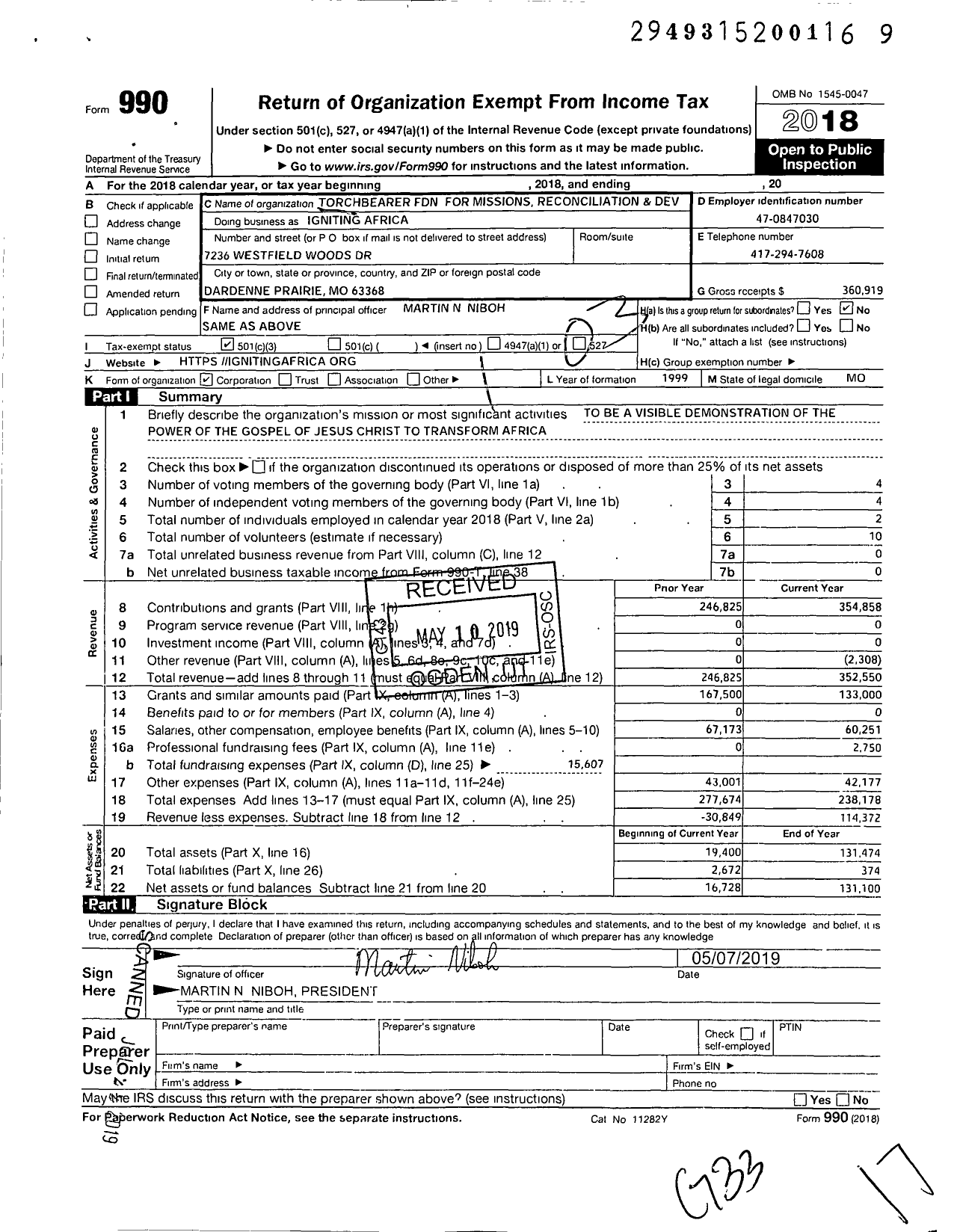 Image of first page of 2018 Form 990 for Igniting Africa