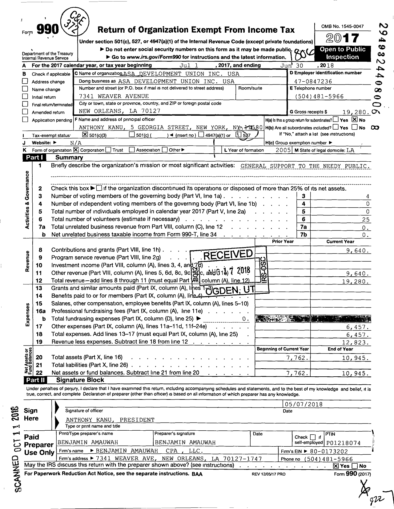 Image of first page of 2017 Form 990 for Asa Development Union USA