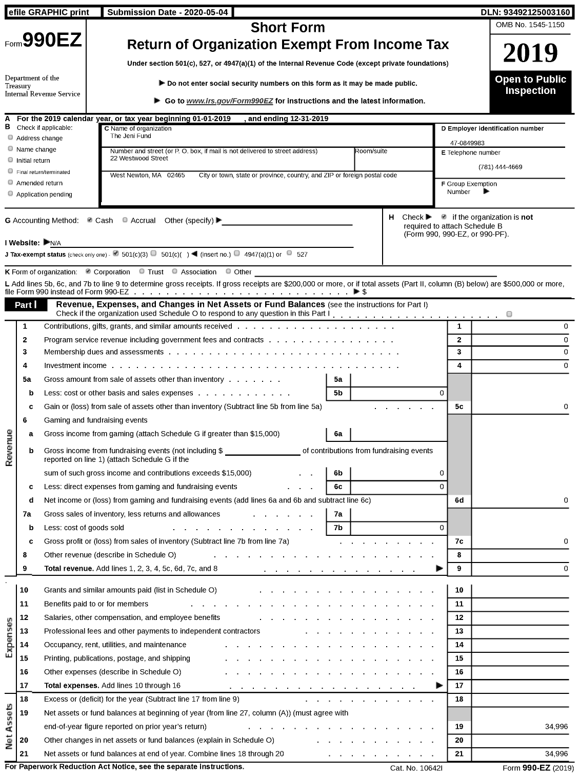 Image of first page of 2019 Form 990EZ for The Jeni Fund