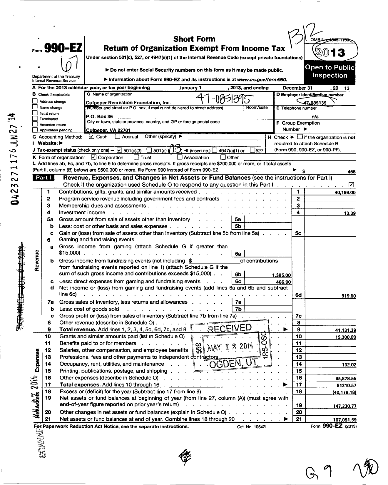 Image of first page of 2013 Form 990EZ for Culpeper Recreation Foundation