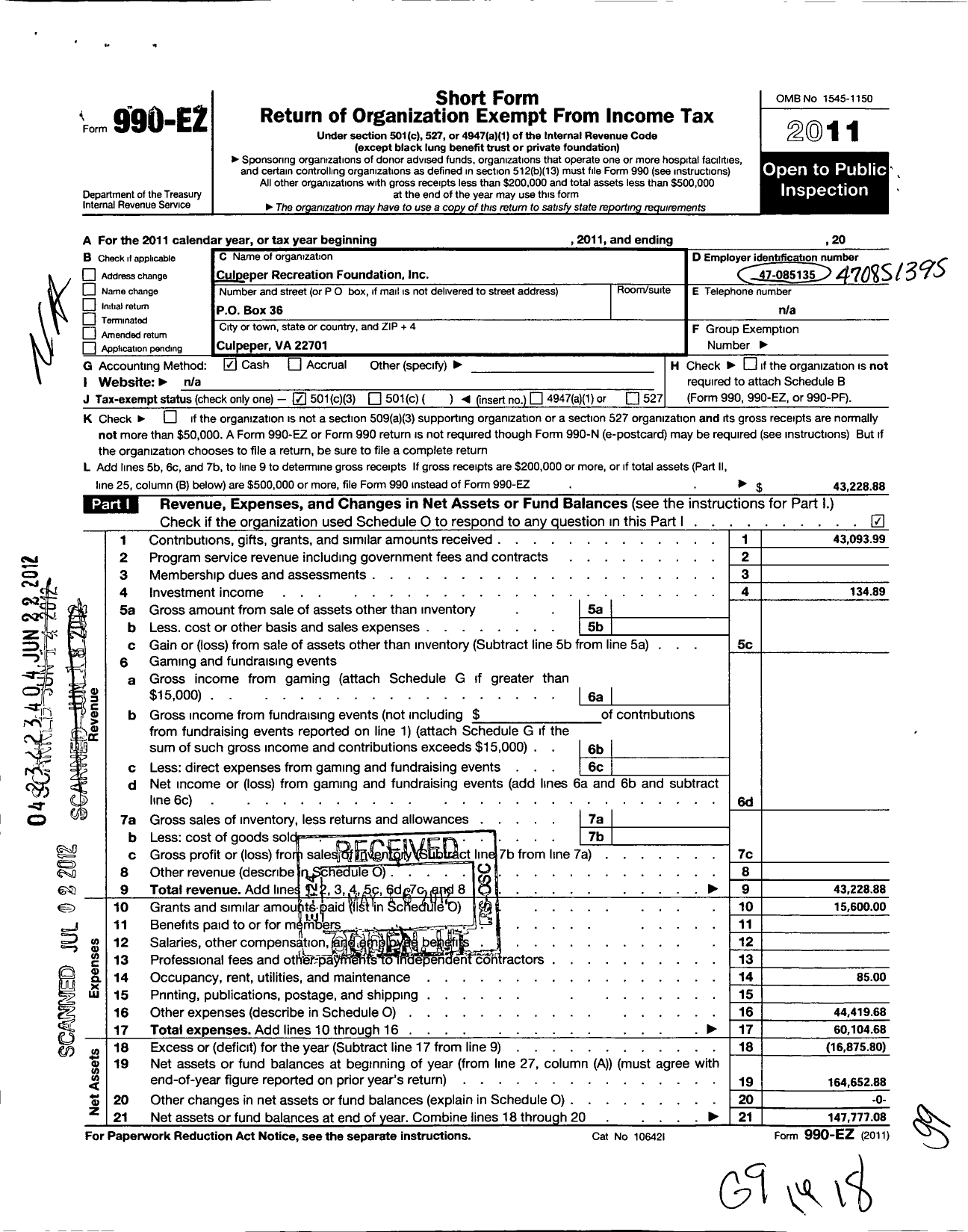 Image of first page of 2011 Form 990EZ for Culpeper Recreation Foundation