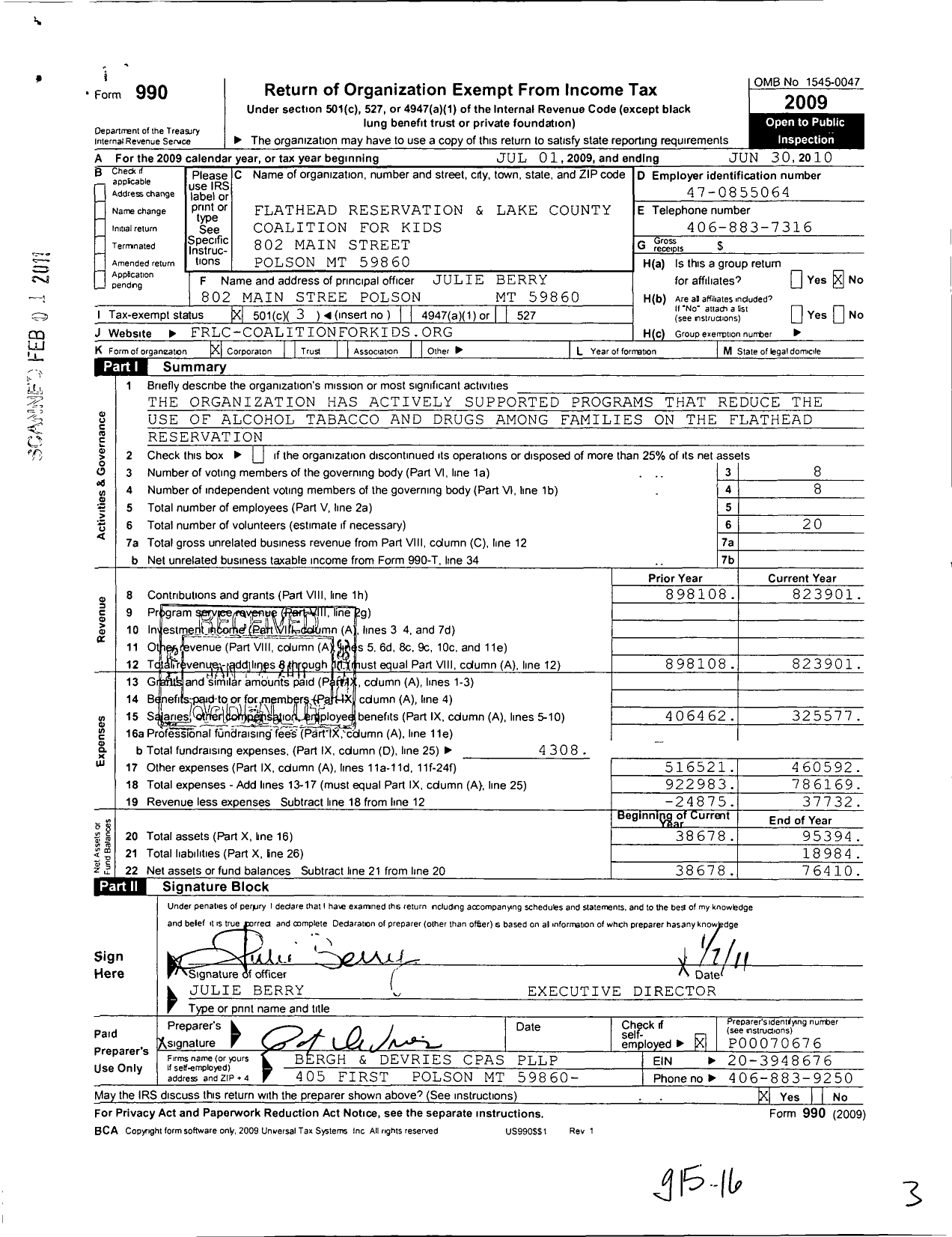 Image of first page of 2009 Form 990 for Flathead Reservation and Lake County Coalition for Kids