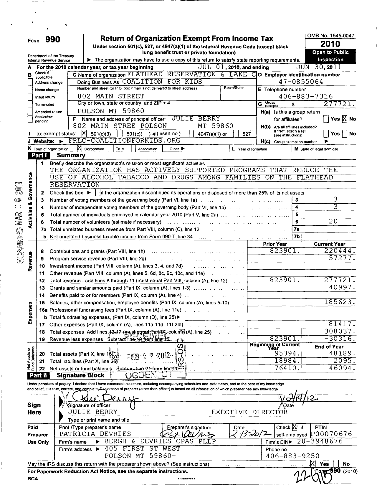 Image of first page of 2010 Form 990 for Flathead Reservation and Lake County Coalition for Kids