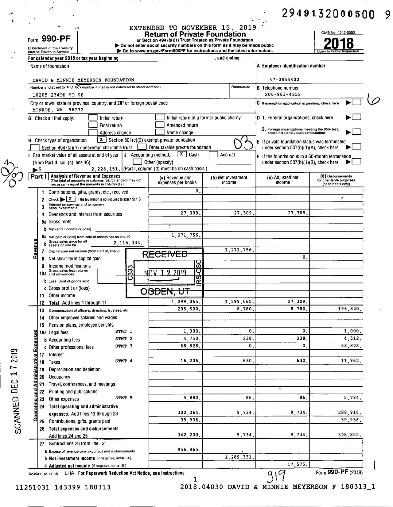 Image of first page of 2018 Form 990PF for David and Minnie Meyerson Foundation