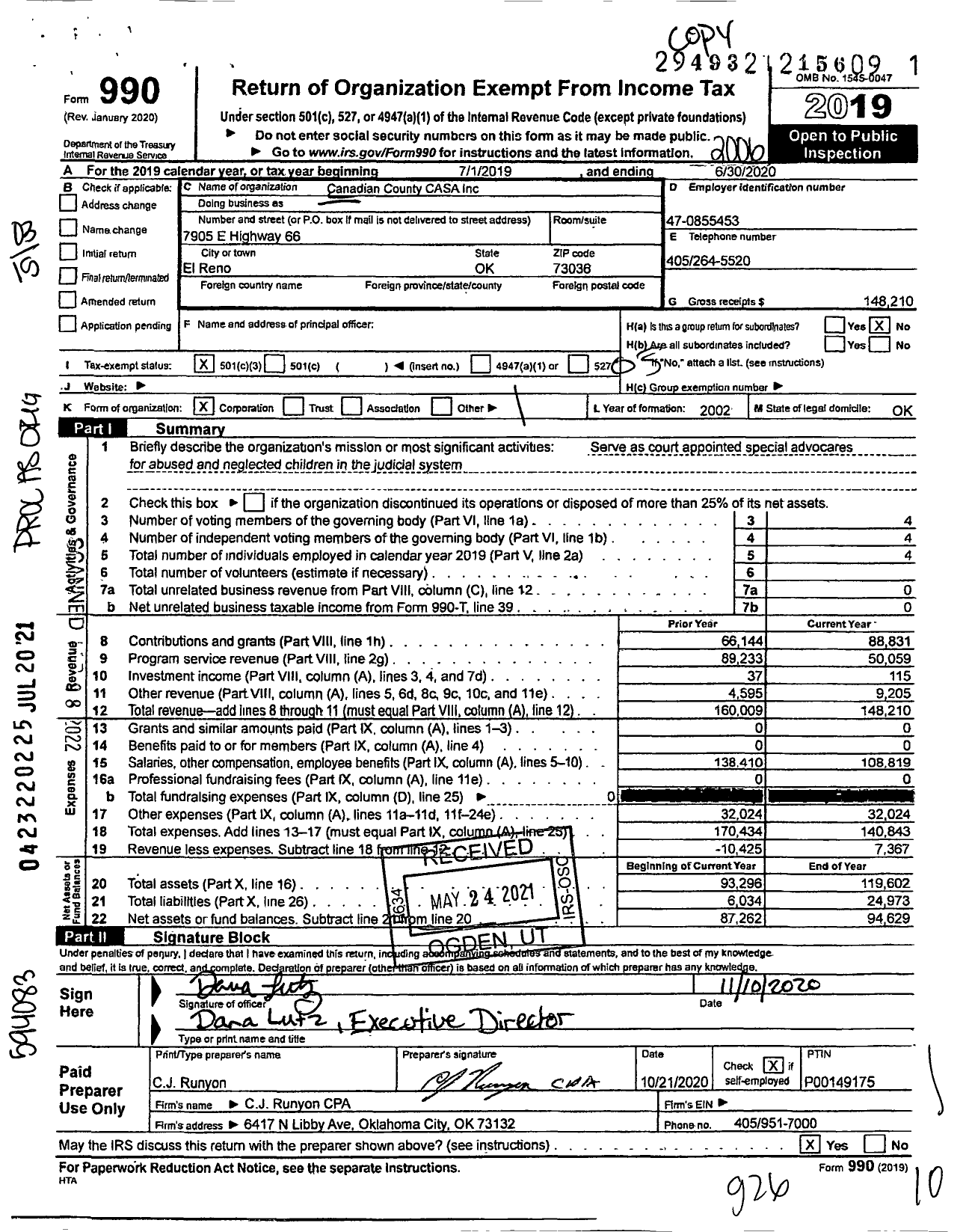 Image of first page of 2019 Form 990 for Canadian County CASA