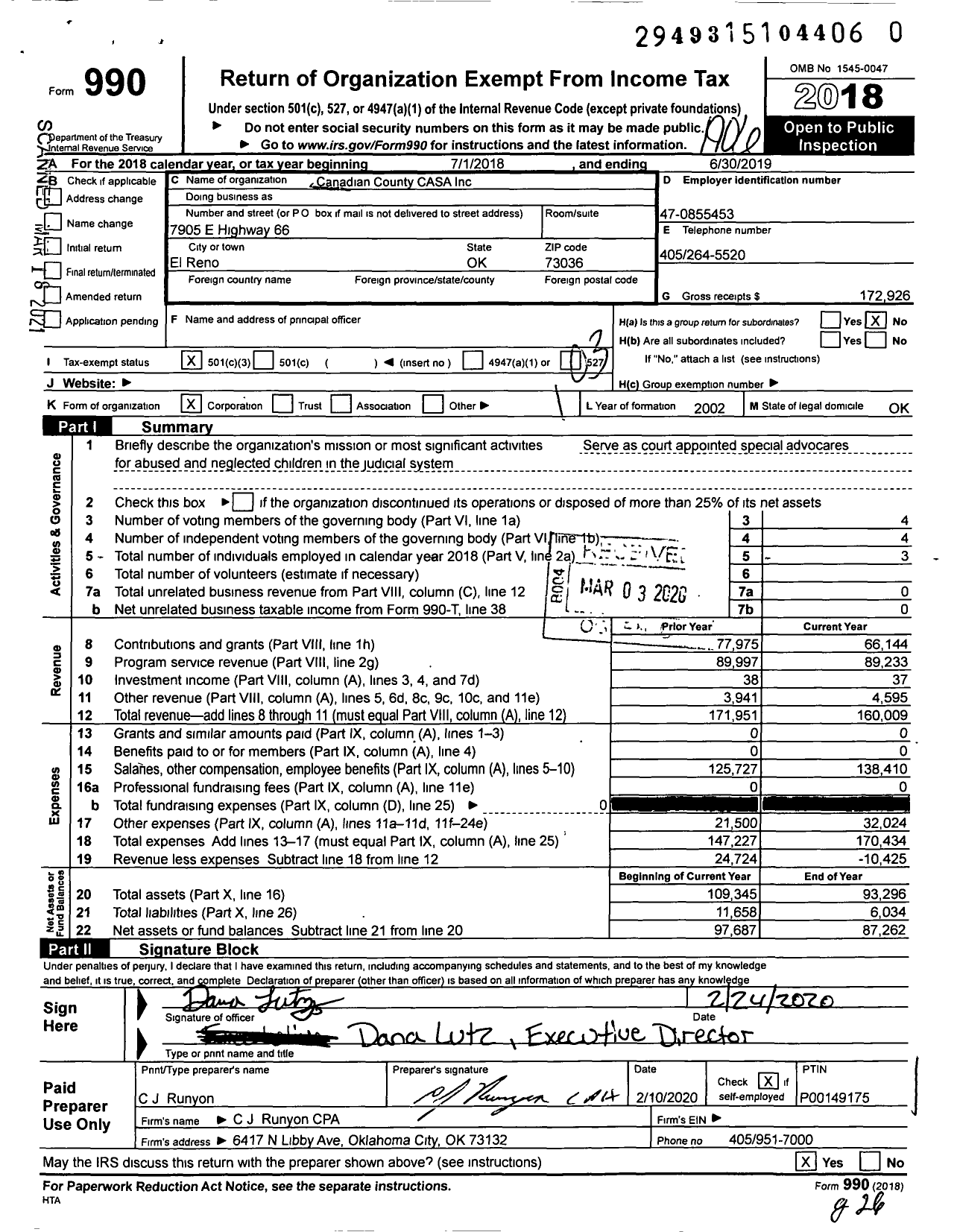 Image of first page of 2018 Form 990 for Canadian County CASA