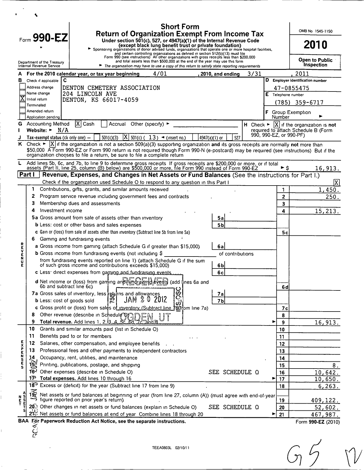 Image of first page of 2010 Form 990EO for Denton Cemetery Association