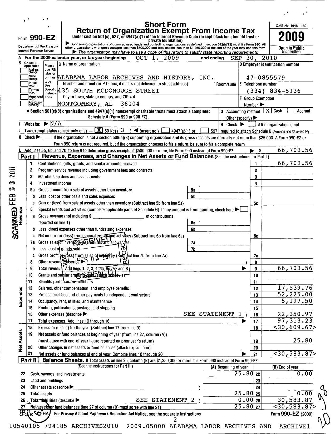 Image of first page of 2009 Form 990EZ for Alabama Labor Archives and History