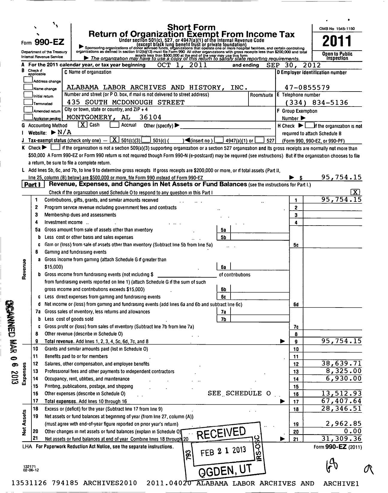 Image of first page of 2011 Form 990EZ for Alabama Labor Archives and History