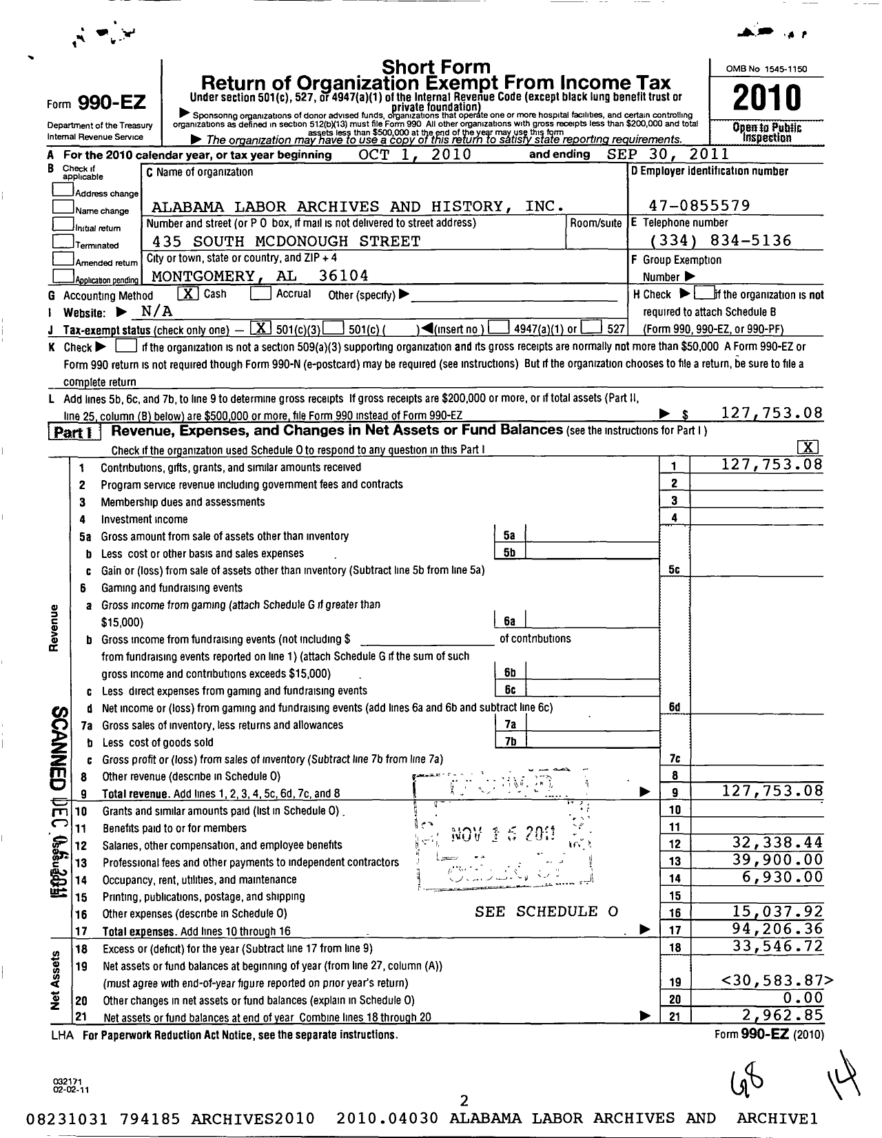 Image of first page of 2010 Form 990EZ for Alabama Labor Archives and History