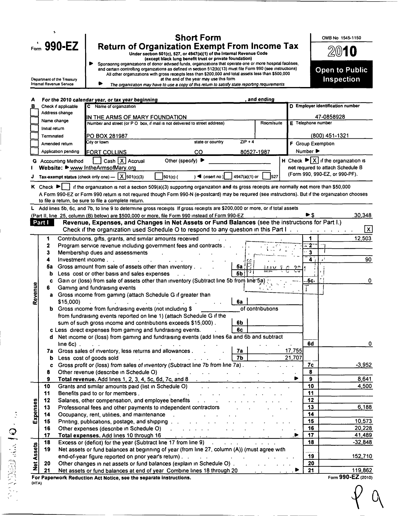 Image of first page of 2010 Form 990EZ for In the Arms of Mary Foundation