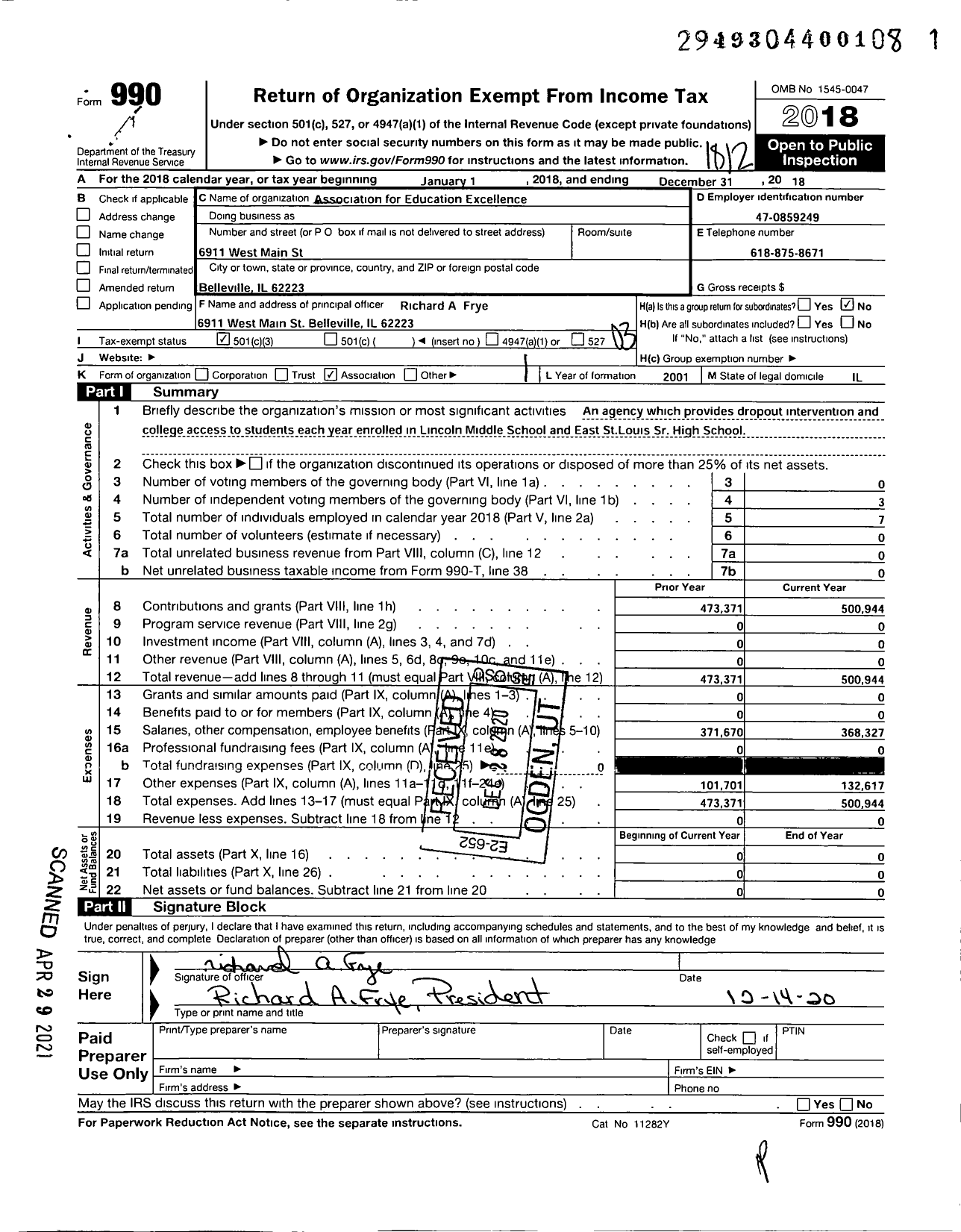 Image of first page of 2018 Form 990 for Association for Education Excellence