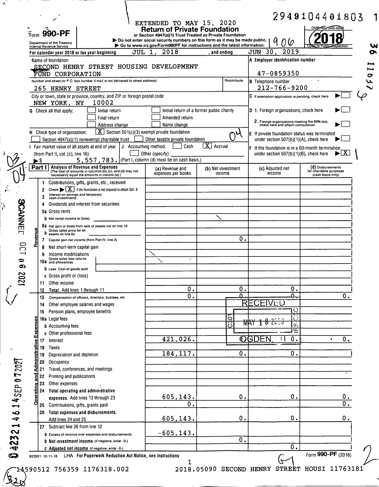 Image of first page of 2018 Form 990PF for Second Henry Street Housing Development Fund Corporation