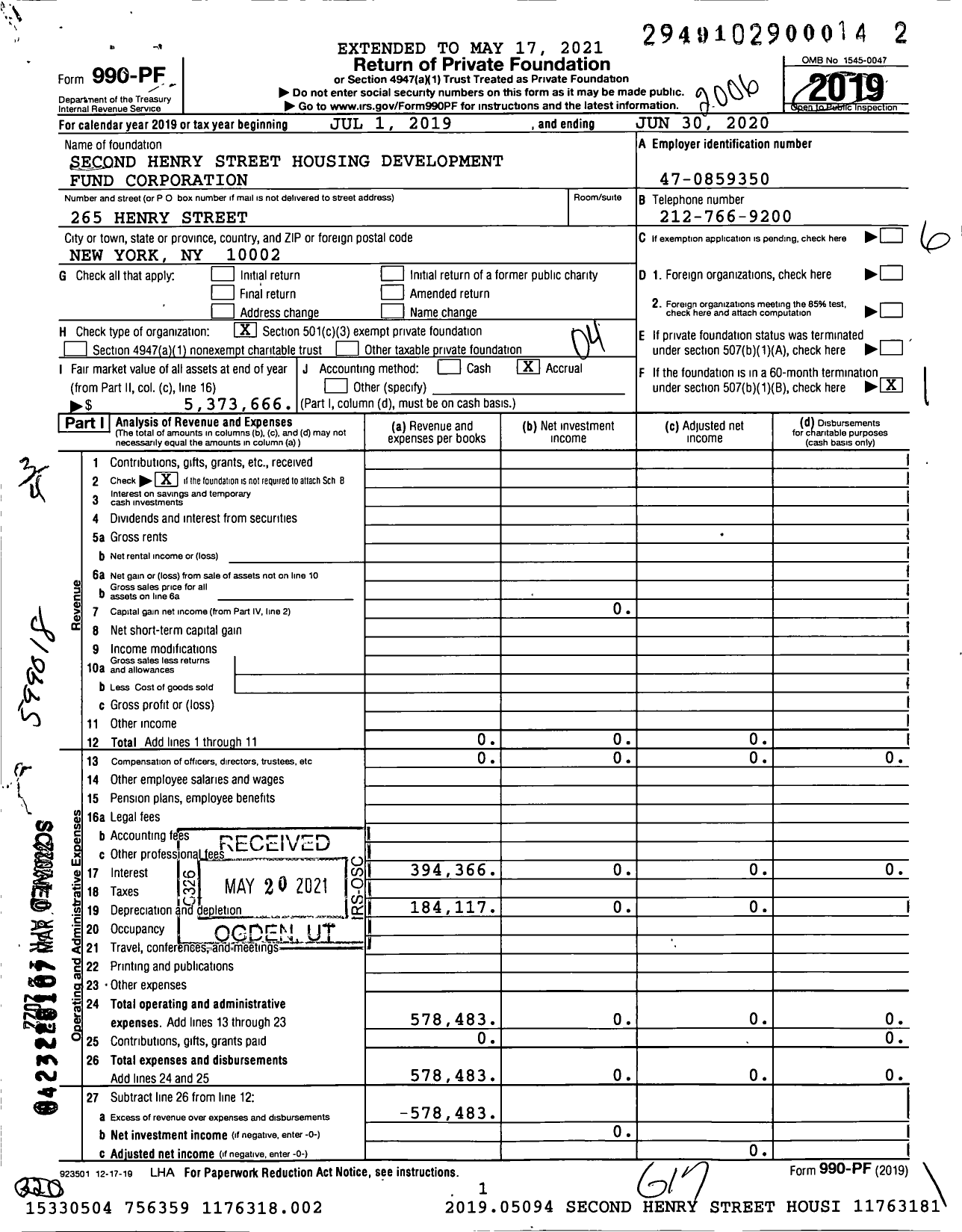 Image of first page of 2019 Form 990PF for Second Henry Street Housing Development Fund Corporation