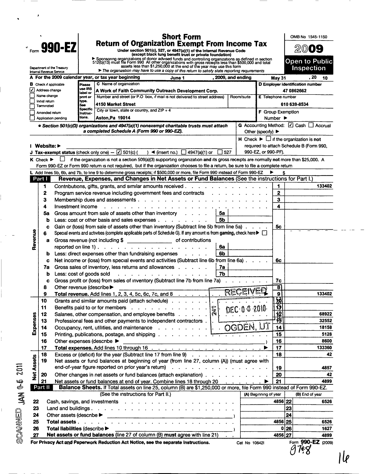 Image of first page of 2009 Form 990EO for Work of Faith Community Outreach Development Corporation