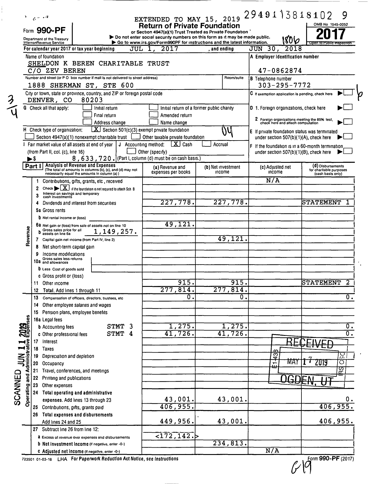 Image of first page of 2017 Form 990PF for Sheldon K Beren Charitable Trust