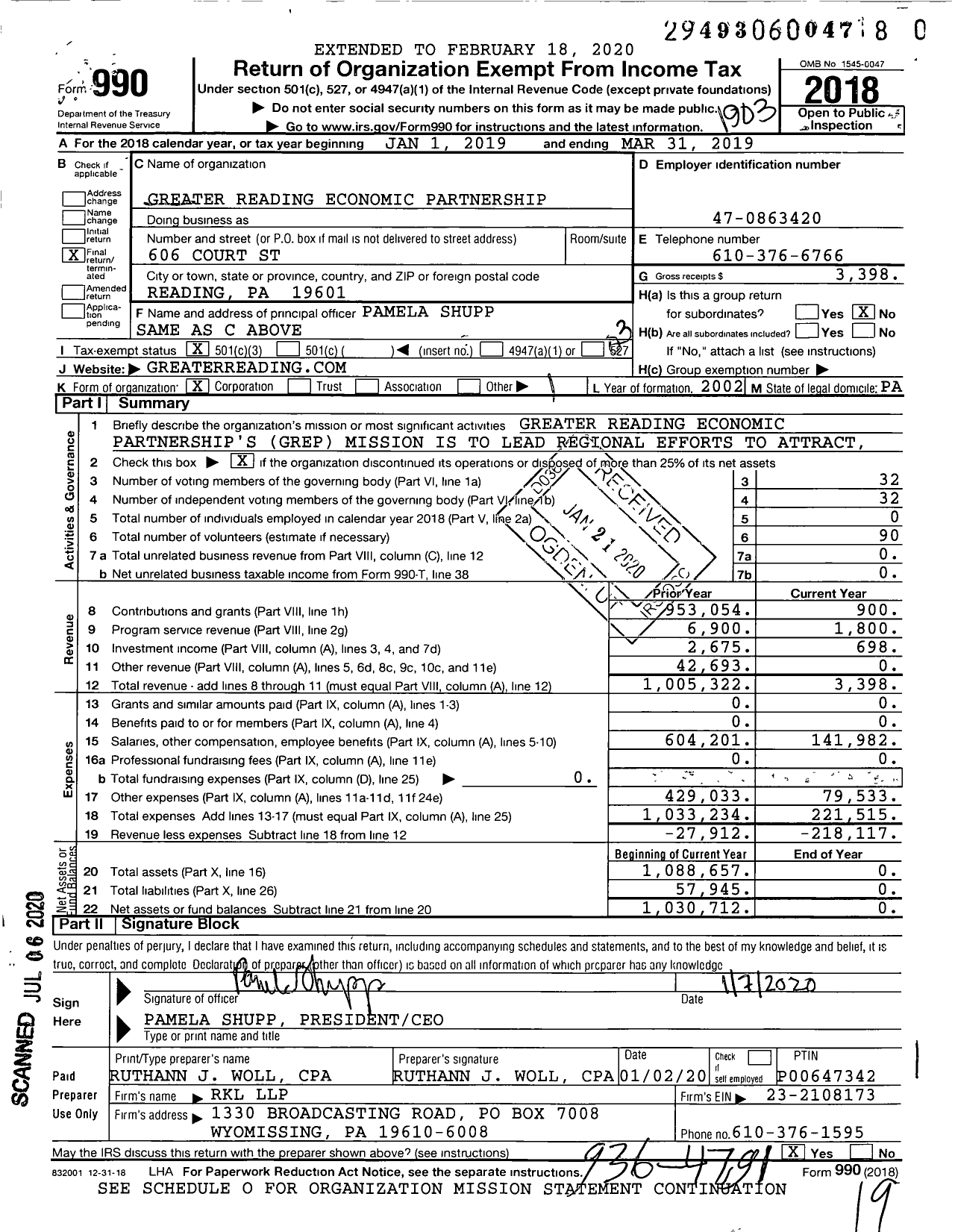 Image of first page of 2018 Form 990 for Greater Reading Economic Partnership (GREP)