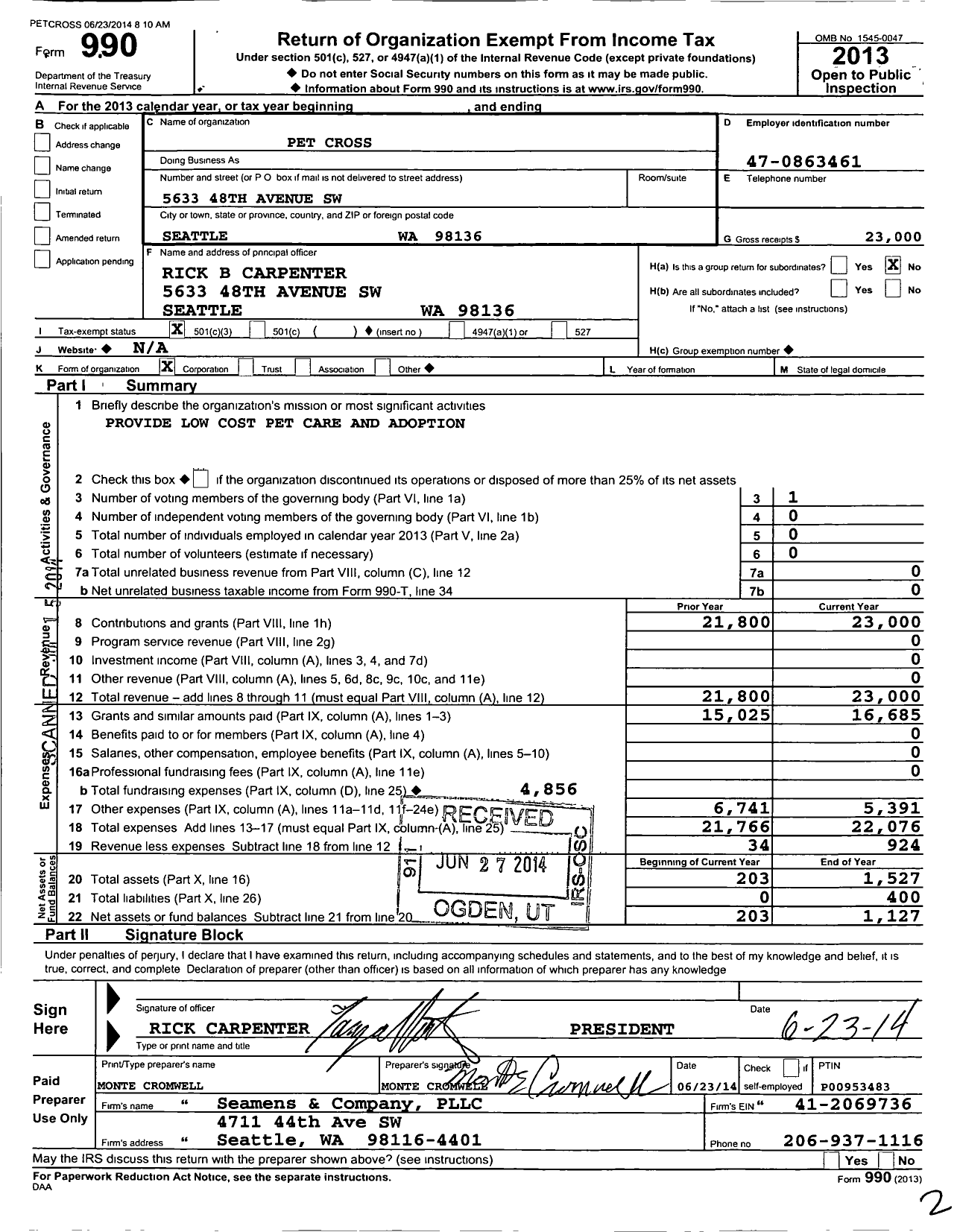 Image of first page of 2013 Form 990 for Pet Cross