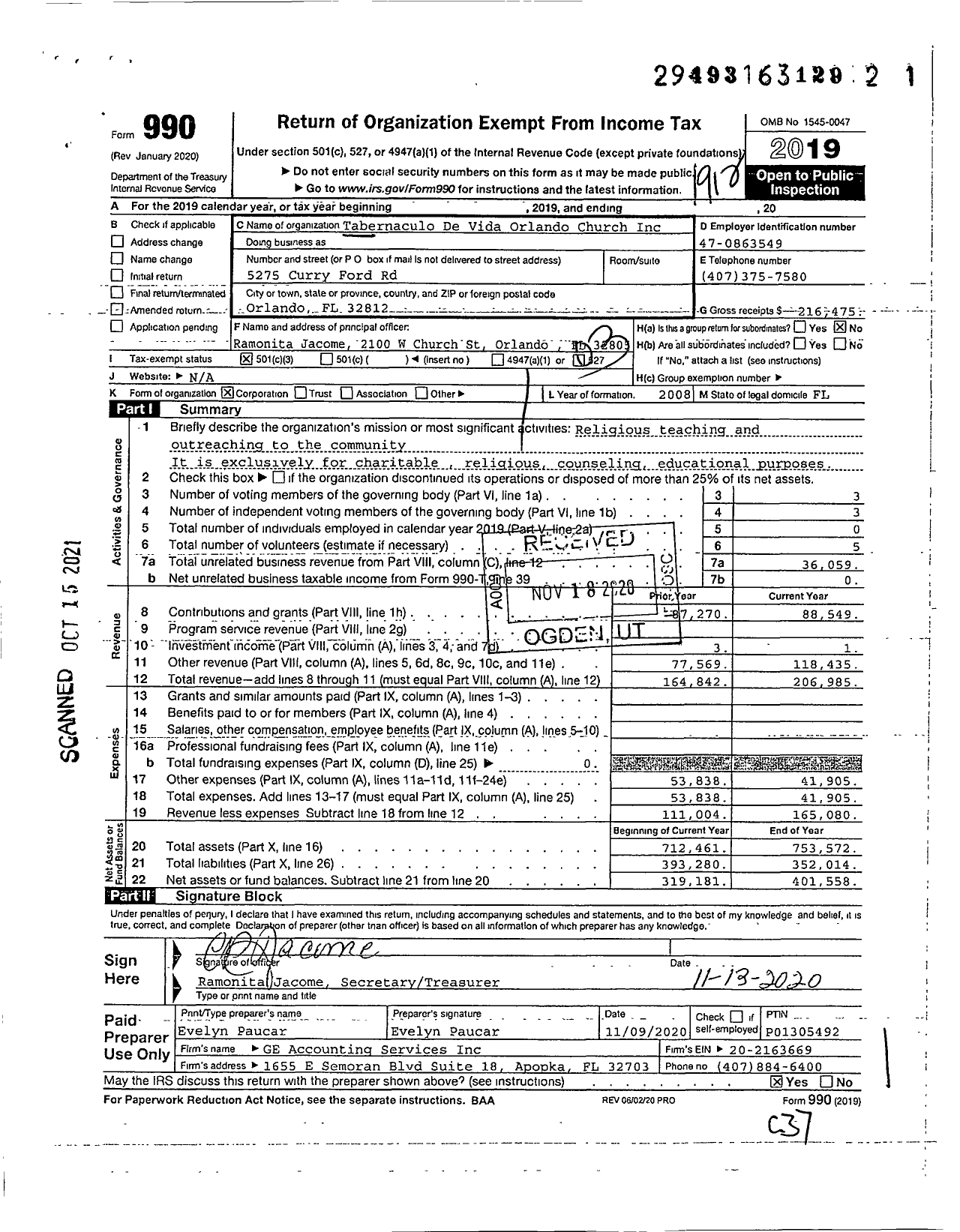 Image of first page of 2019 Form 990 for Tabernaculo De Vida Orlando Church