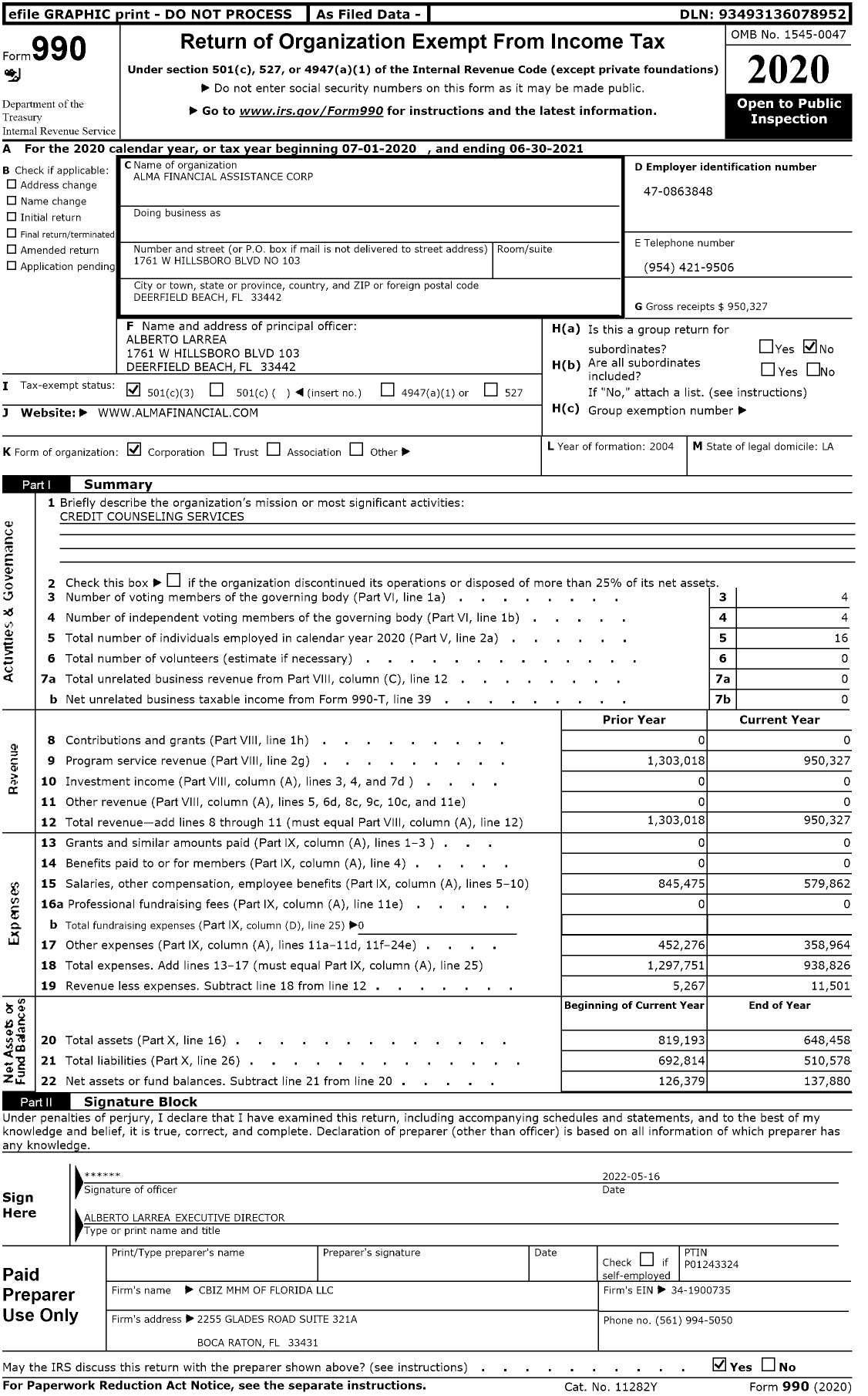 Image of first page of 2020 Form 990 for Alma Financial Assistance Corporation