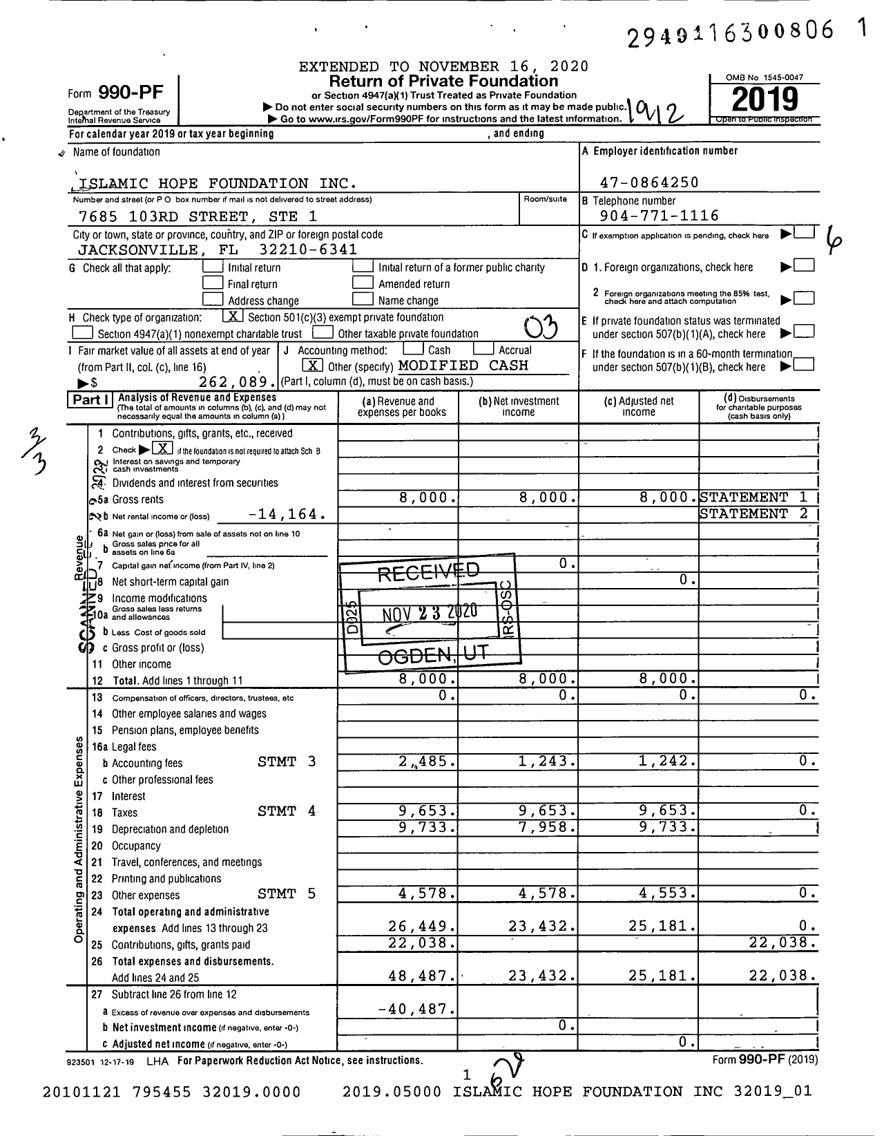 Image of first page of 2019 Form 990PF for Islamic Hope Foundation