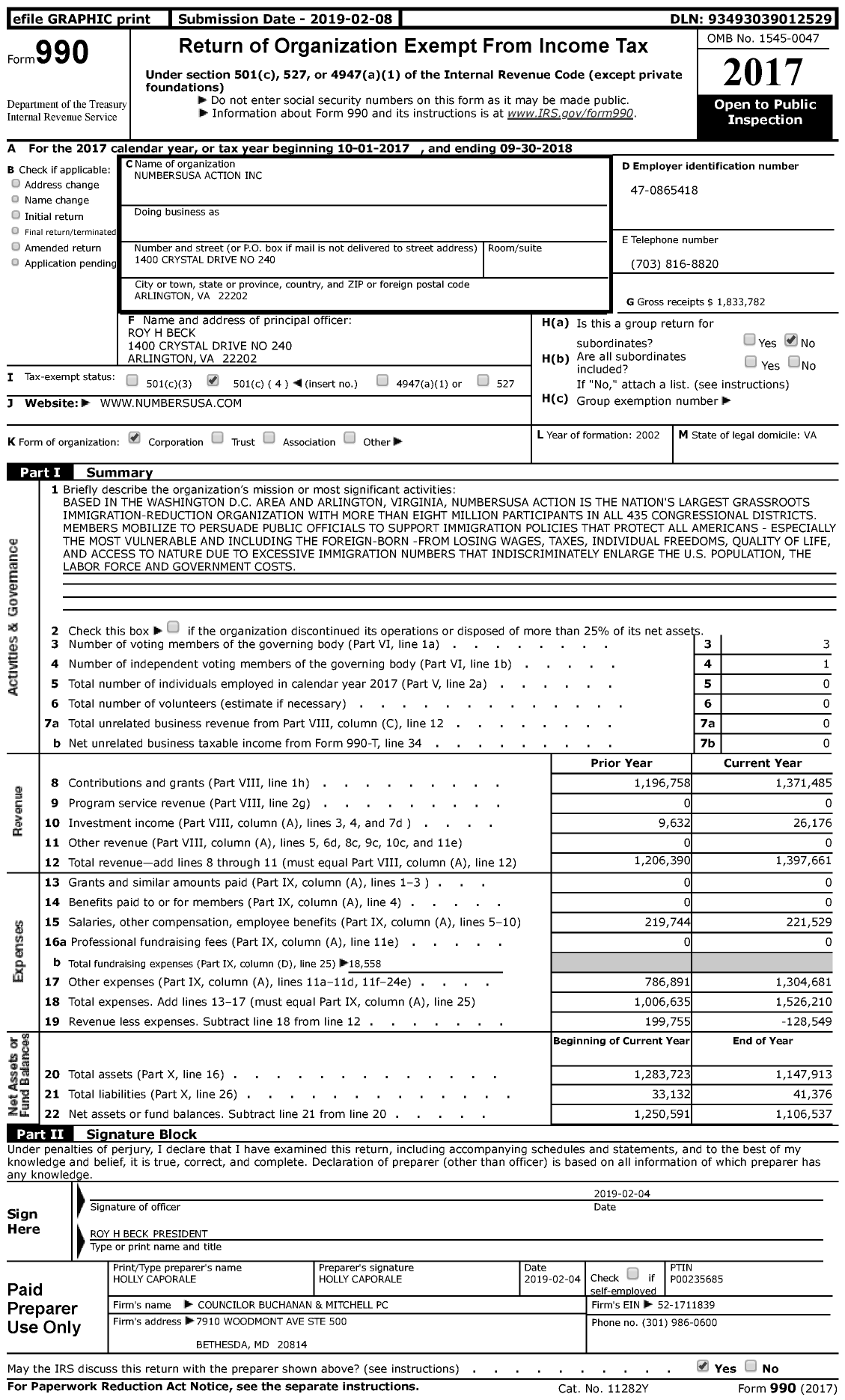 Image of first page of 2017 Form 990 for NumbersUSA Action