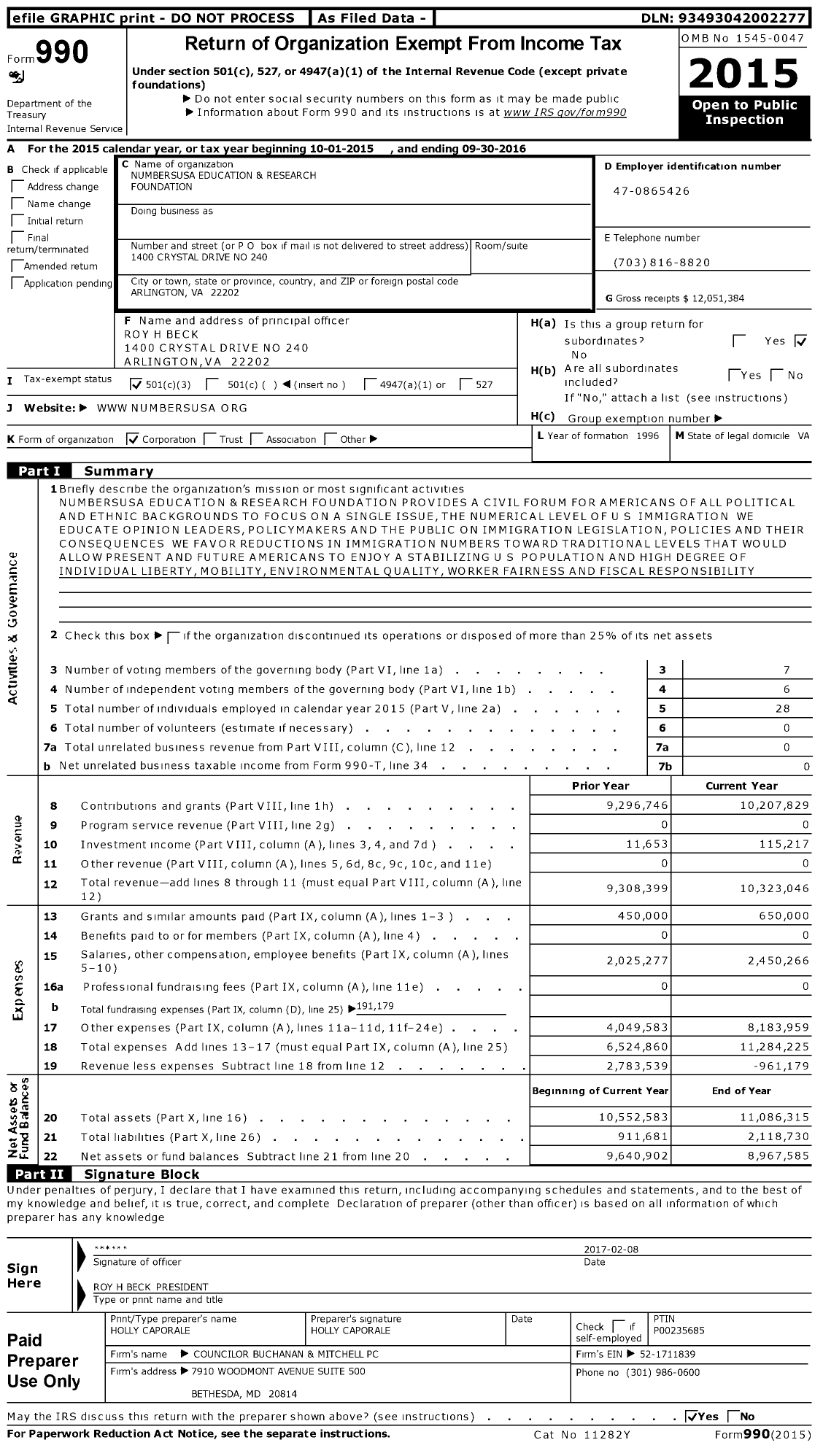 Image of first page of 2015 Form 990 for NumbersUSA Education & Research Foundation