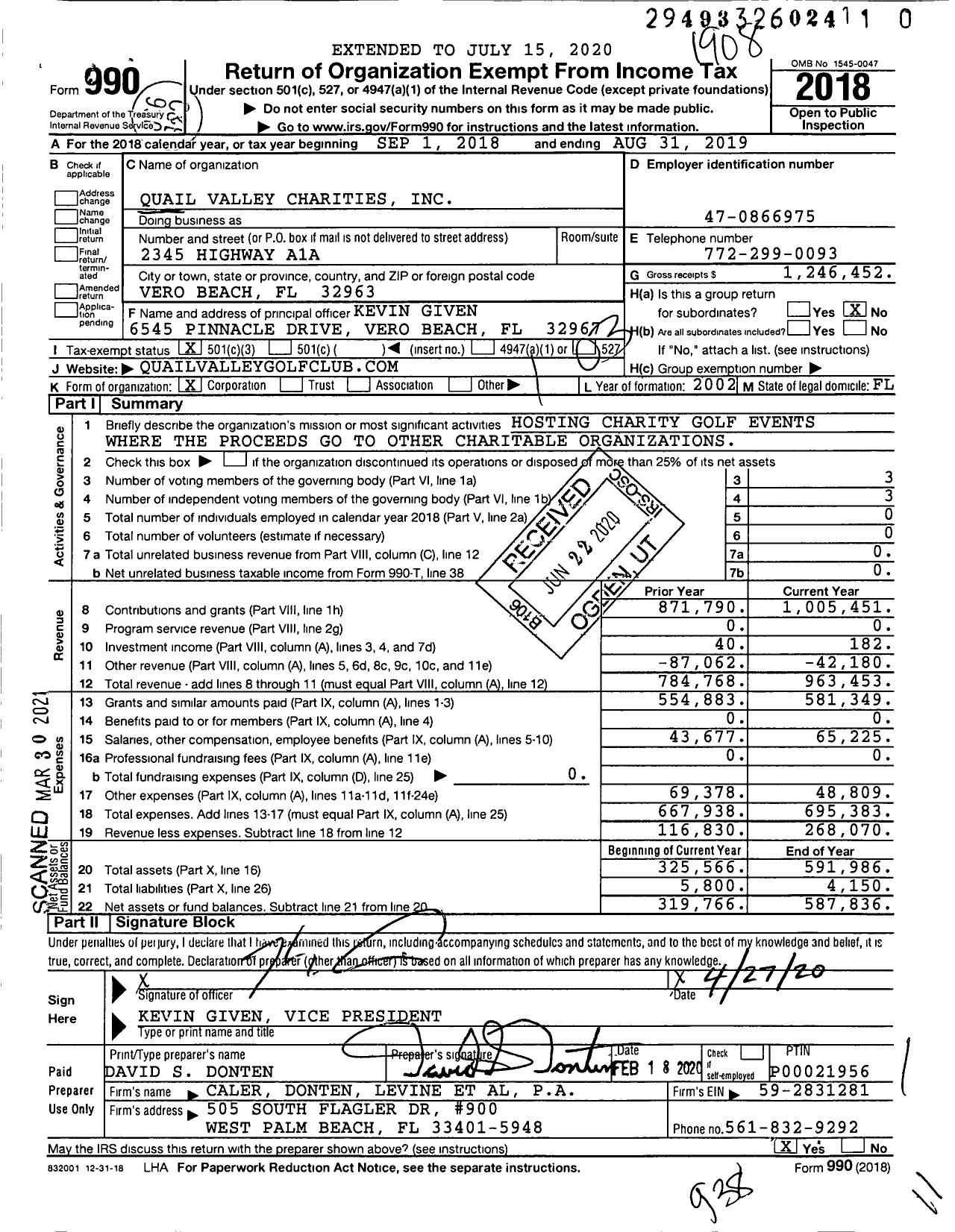 Image of first page of 2018 Form 990 for Quail Valley Charities