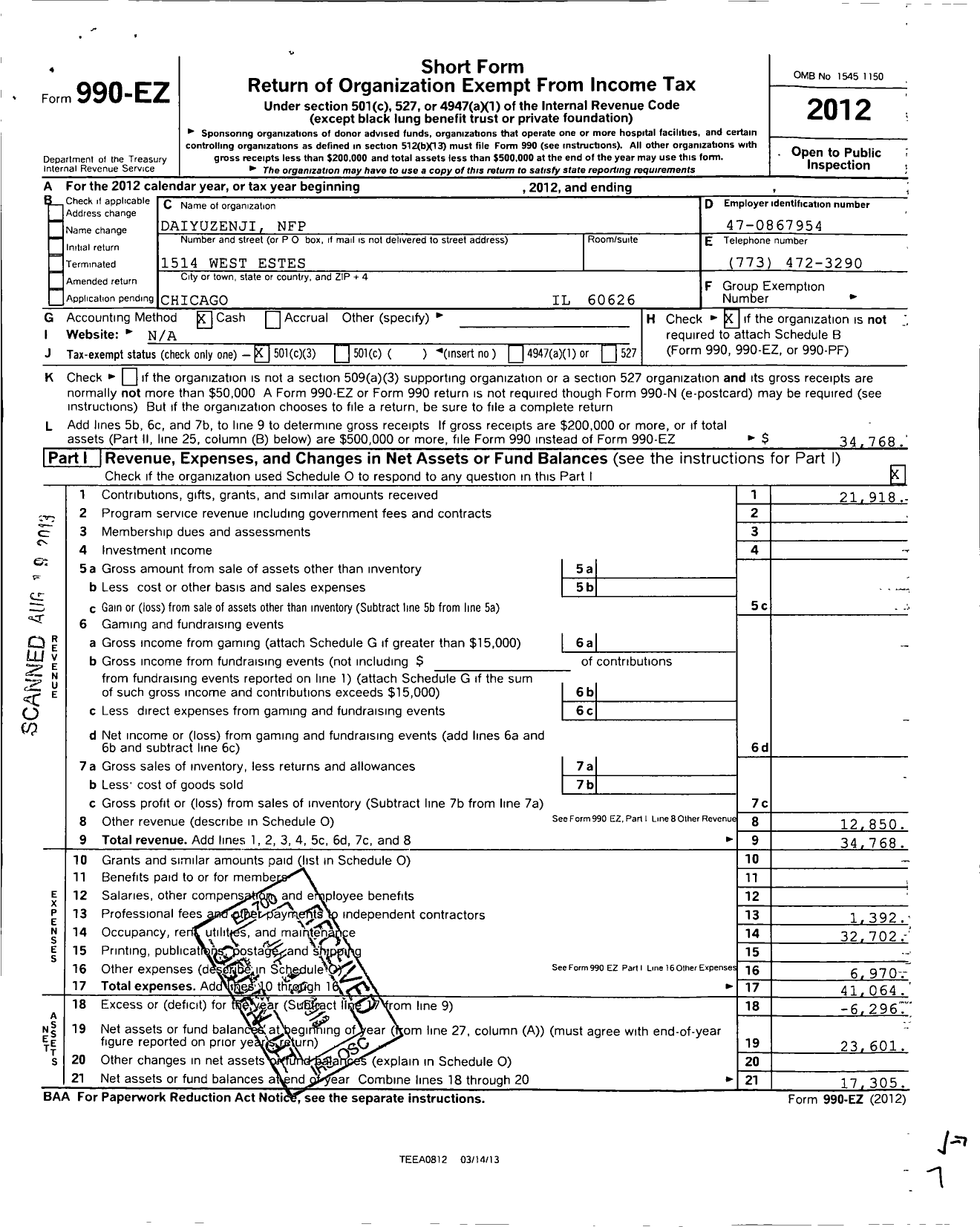 Image of first page of 2012 Form 990EZ for Daiyuzenji NFP