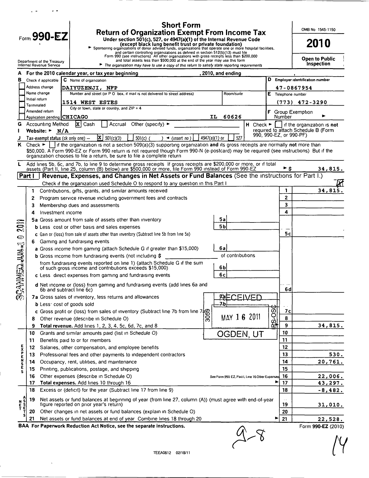 Image of first page of 2010 Form 990EZ for Daiyuzenji NFP