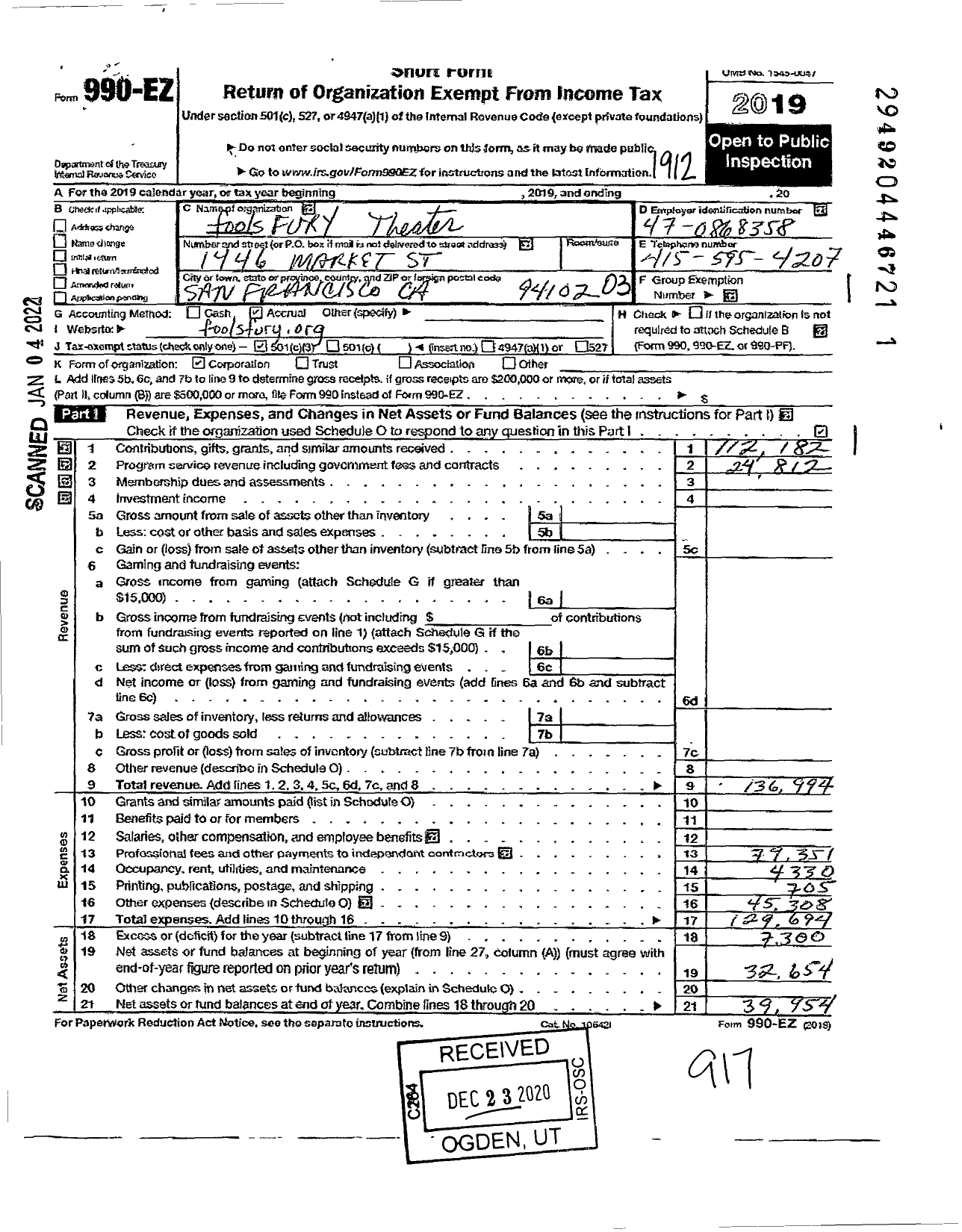 Image of first page of 2019 Form 990EZ for Aviva Arts