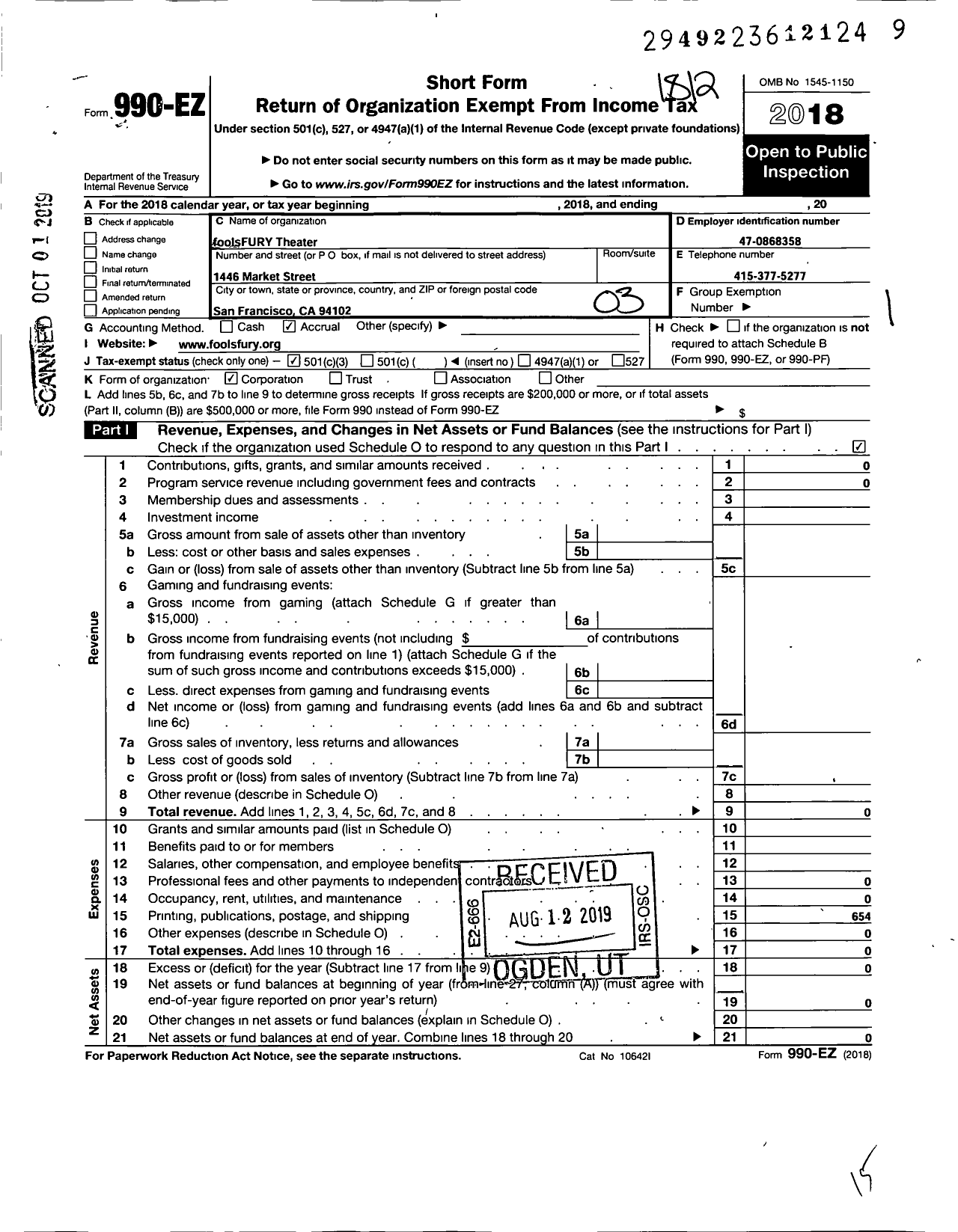 Image of first page of 2018 Form 990EZ for Aviva Arts