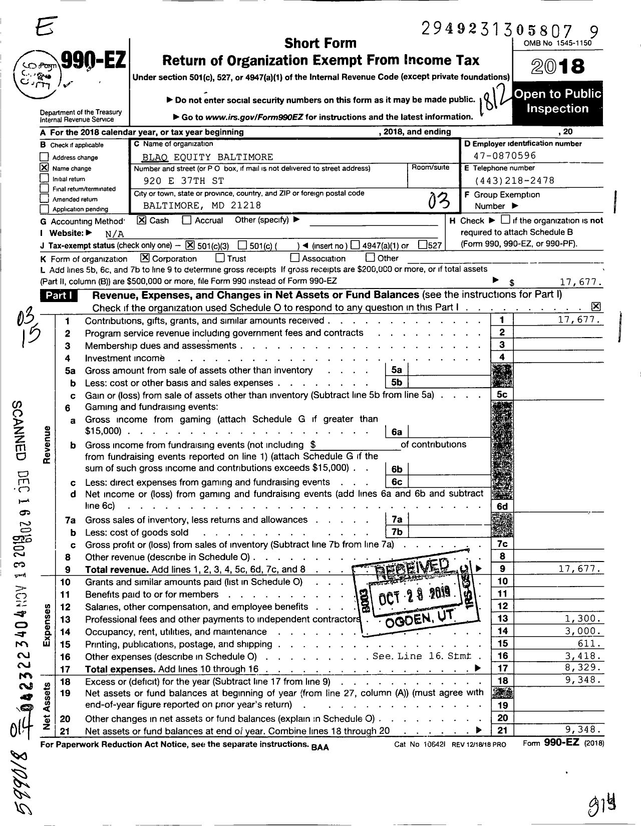 Image of first page of 2018 Form 990EZ for Blaq Equity Baltimore