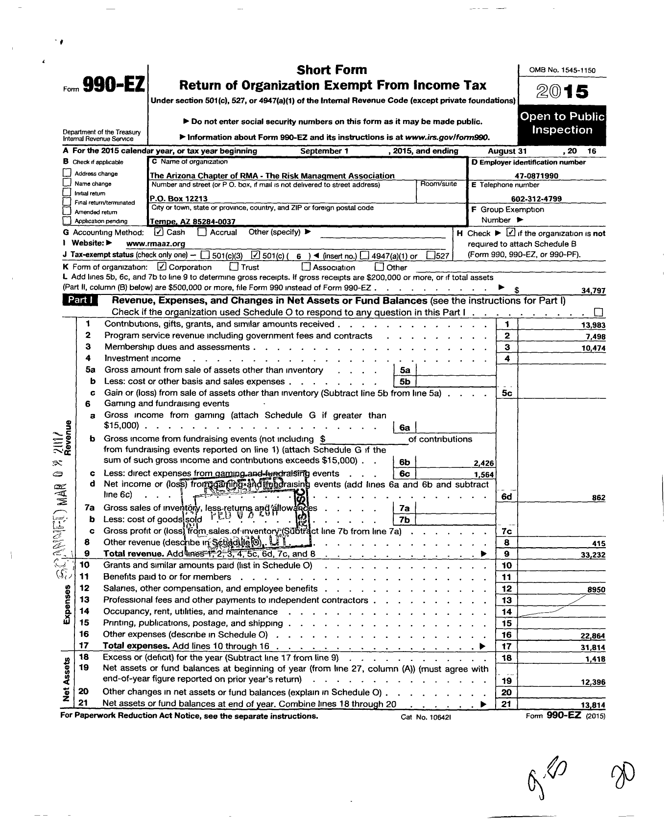 Image of first page of 2015 Form 990EO for Arizona Chapter of Rma