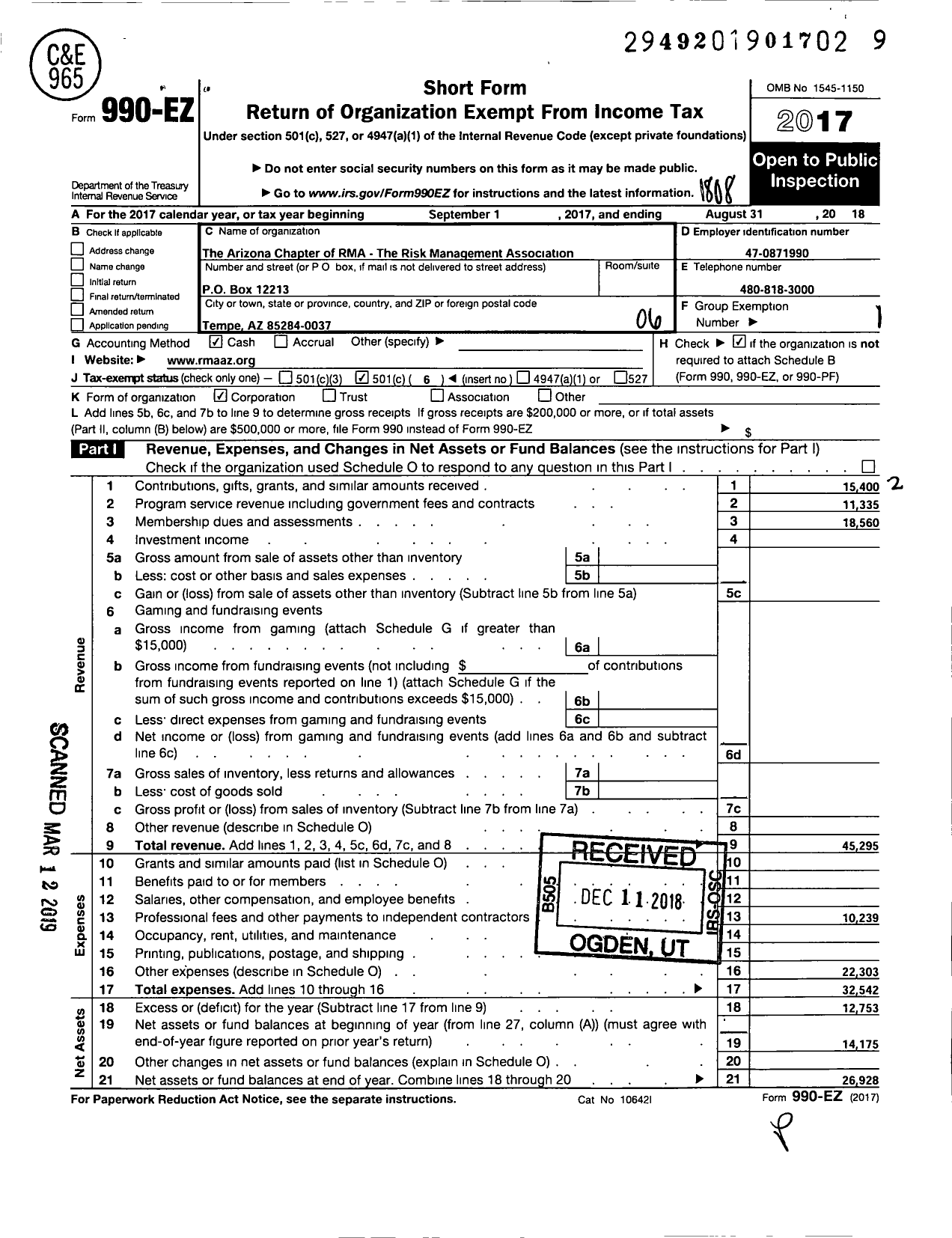 Image of first page of 2017 Form 990EO for Arizona Chapter of Rma