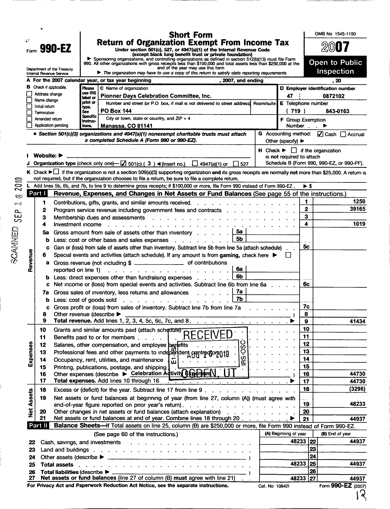 Image of first page of 2007 Form 990EZ for The Manassa Saddle Club