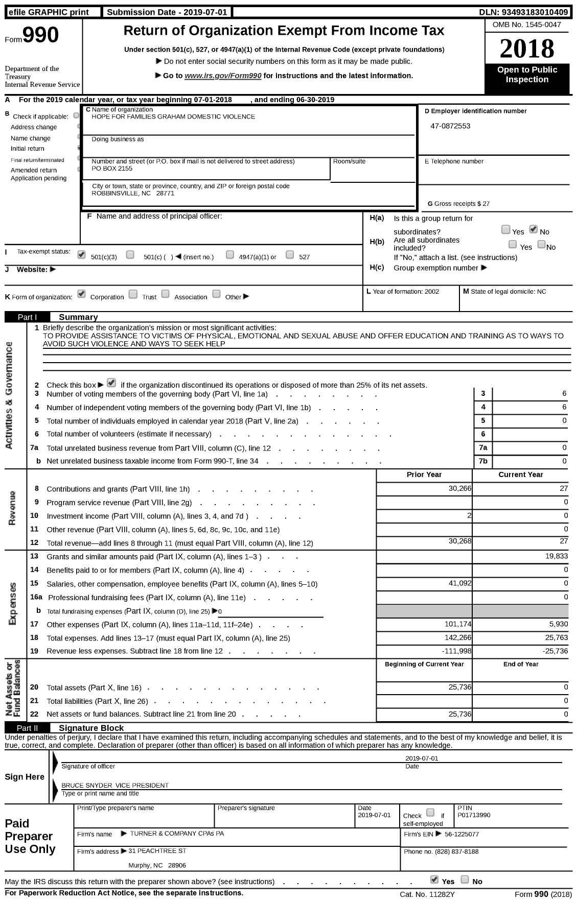 Image of first page of 2018 Form 990 for Hope for Families Graham Domestic Violence