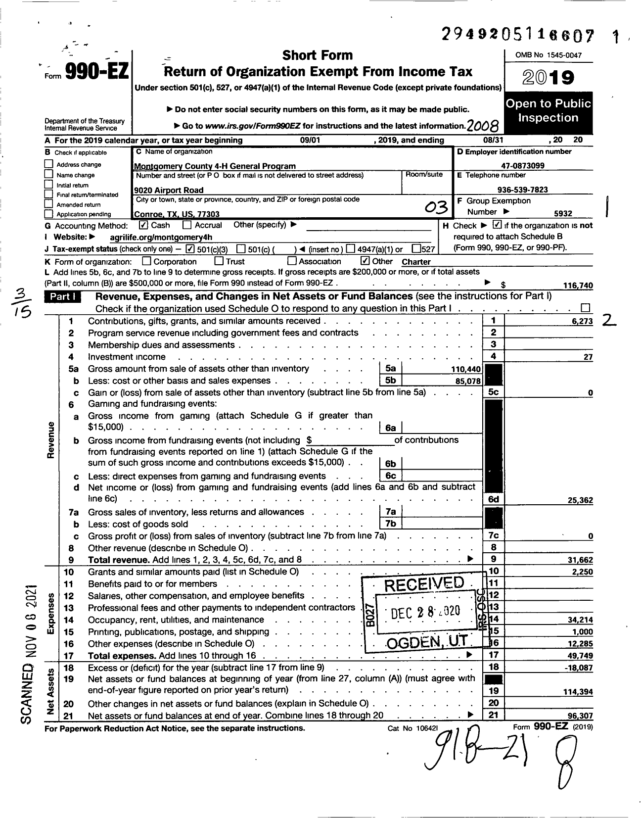 Image of first page of 2019 Form 990EZ for TEXAS 4-H / Montgomery Co 4-H General Program