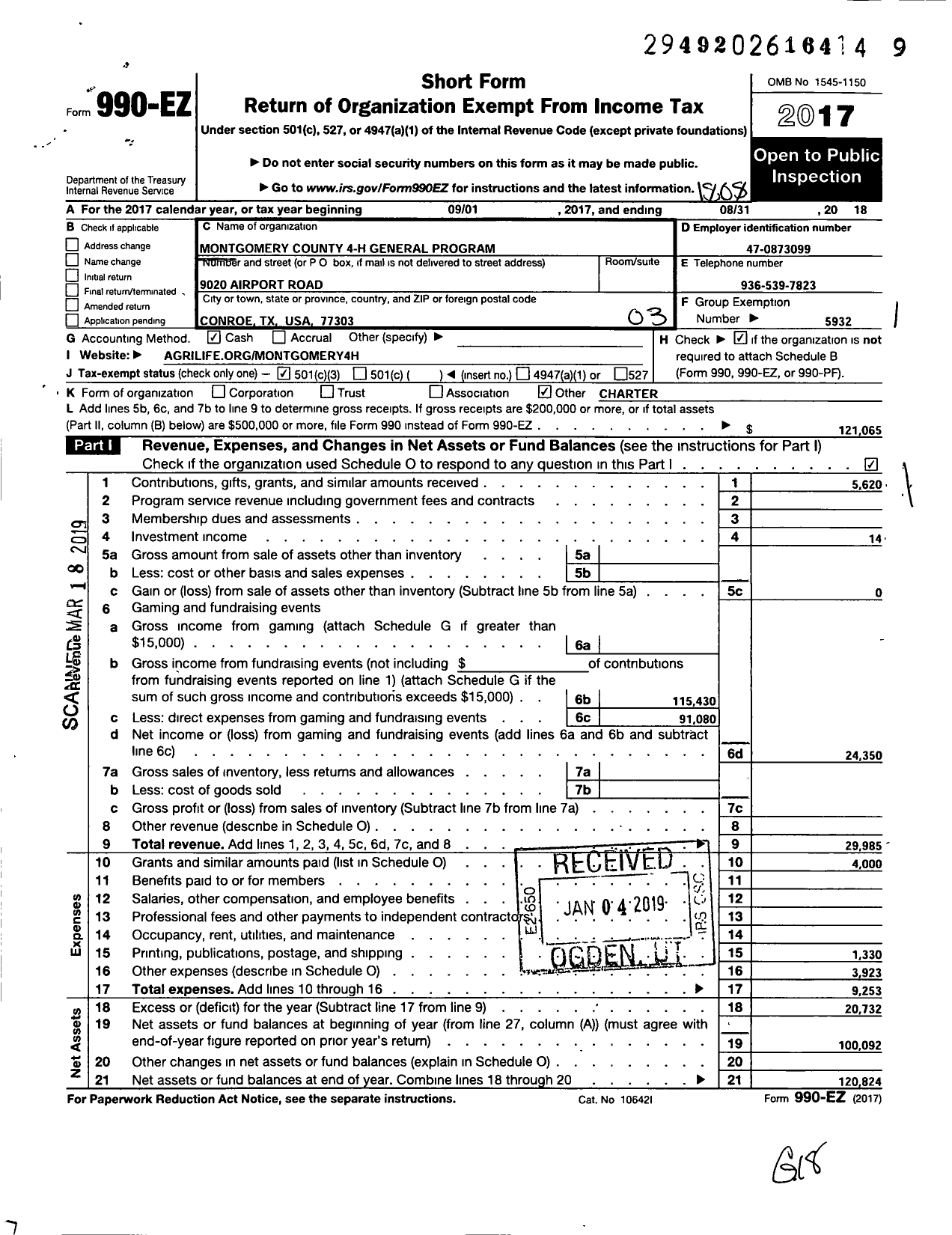 Image of first page of 2017 Form 990EZ for TEXAS 4-H / Montgomery Co 4-H General Program