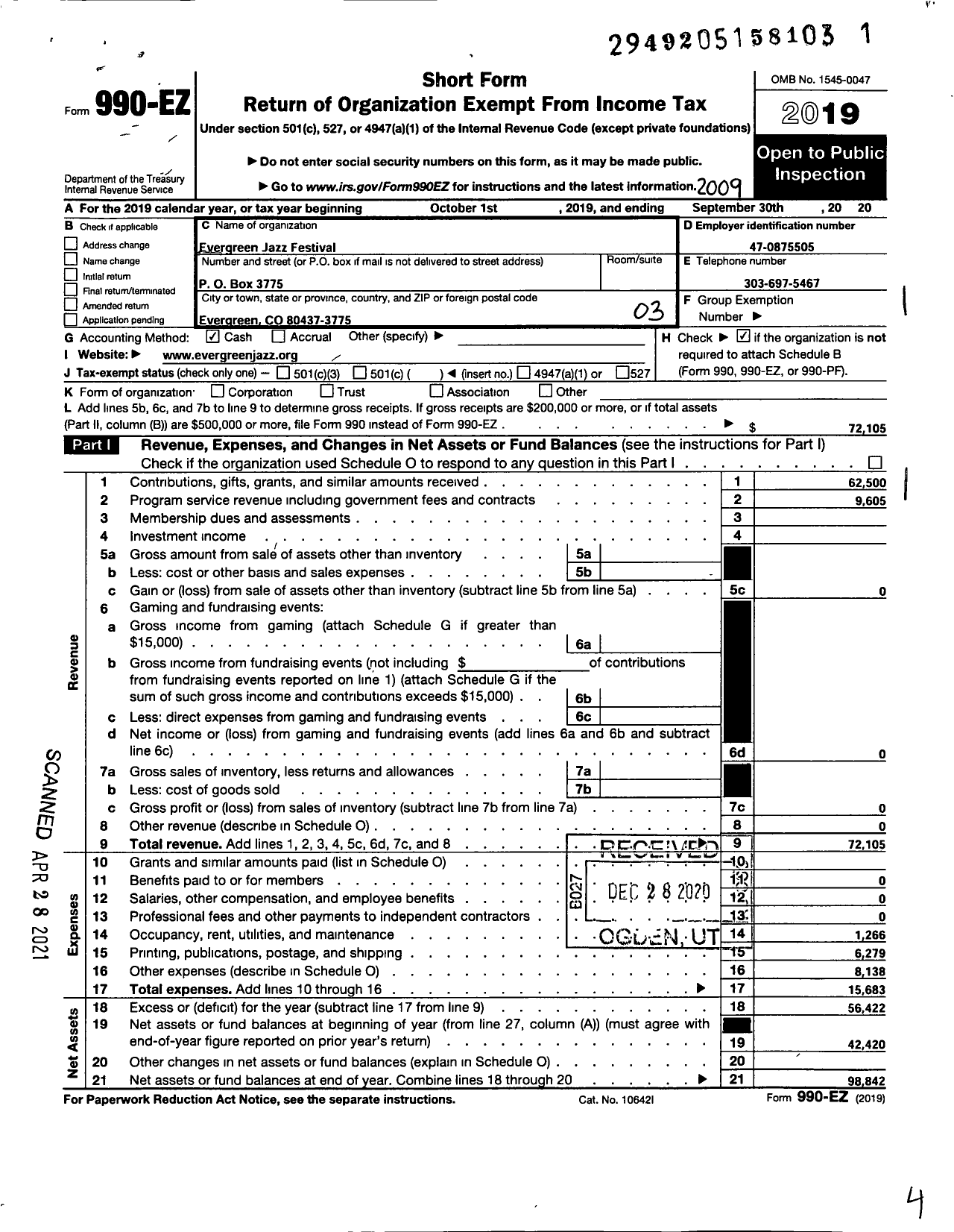 Image of first page of 2019 Form 990EZ for Evergreen Jazz Festival