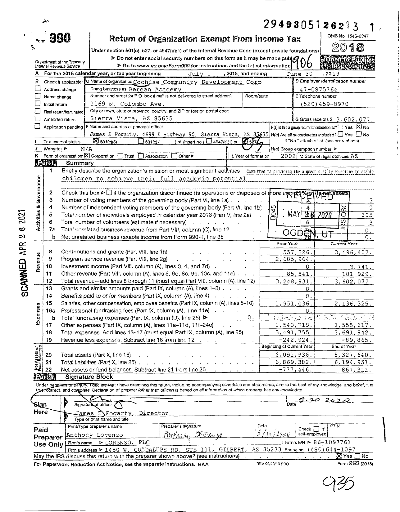 Image of first page of 2018 Form 990 for Cochise Community Development Corporation Berean Academy