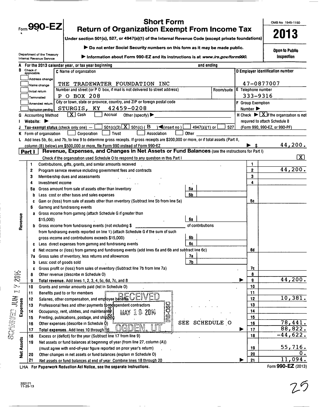 Image of first page of 2013 Form 990EO for The Tradewater Foundation