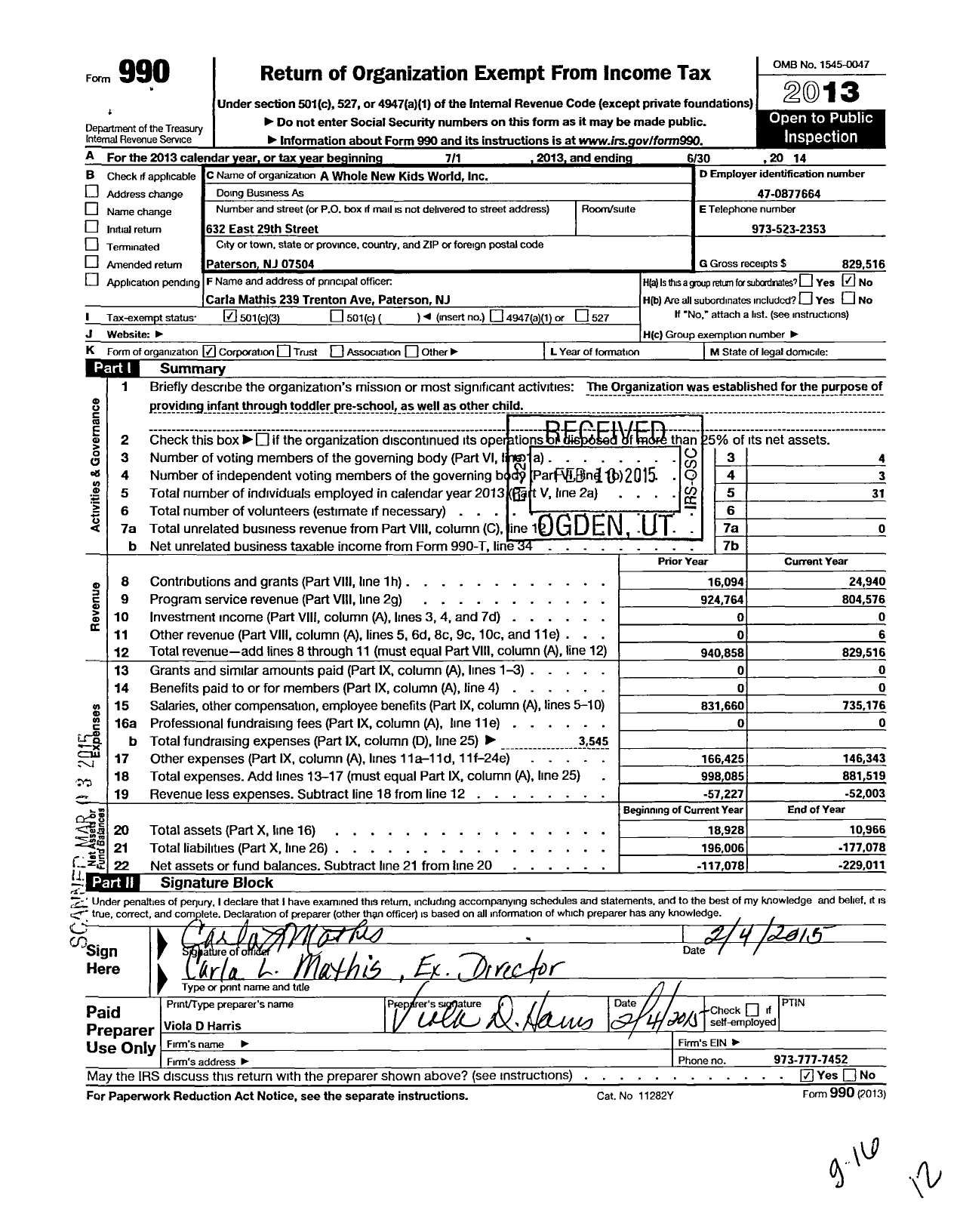 Image of first page of 2013 Form 990 for A Whole New Kids World