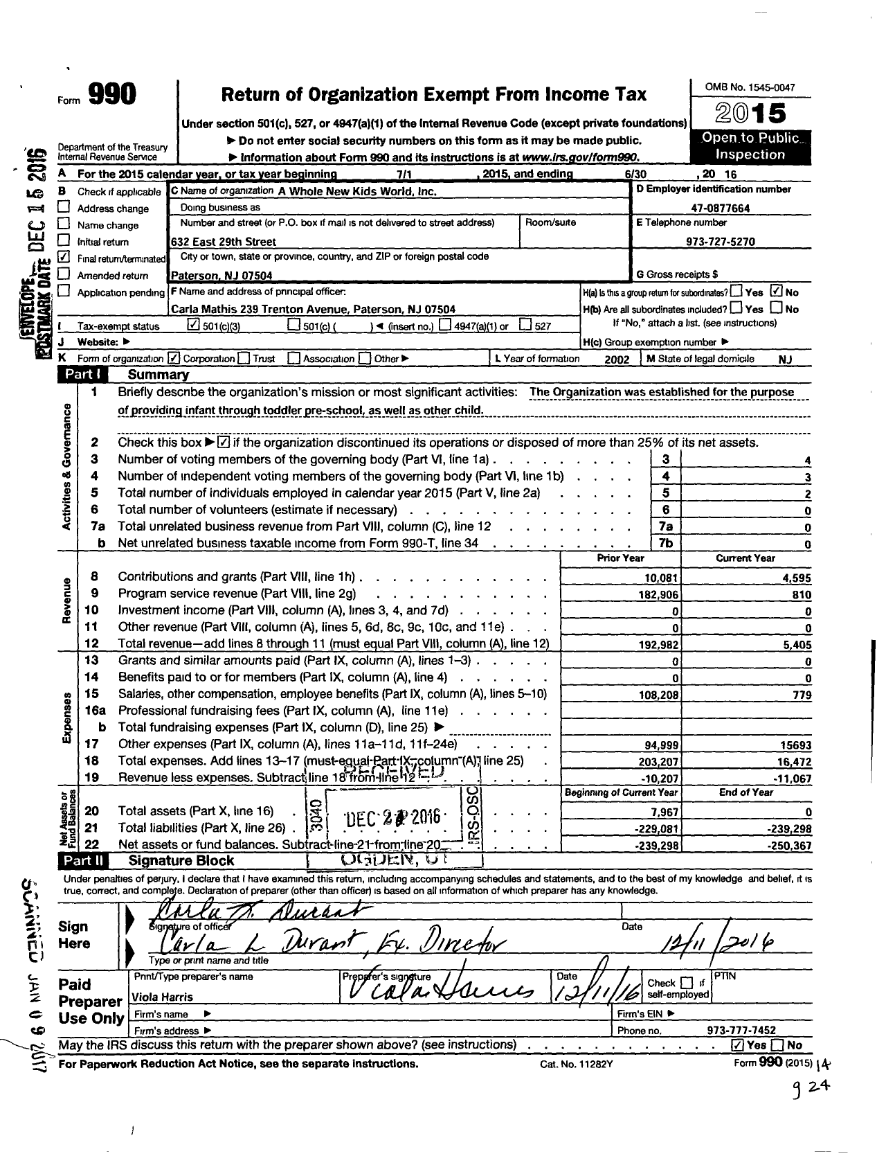 Image of first page of 2015 Form 990 for A Whole New Kids World