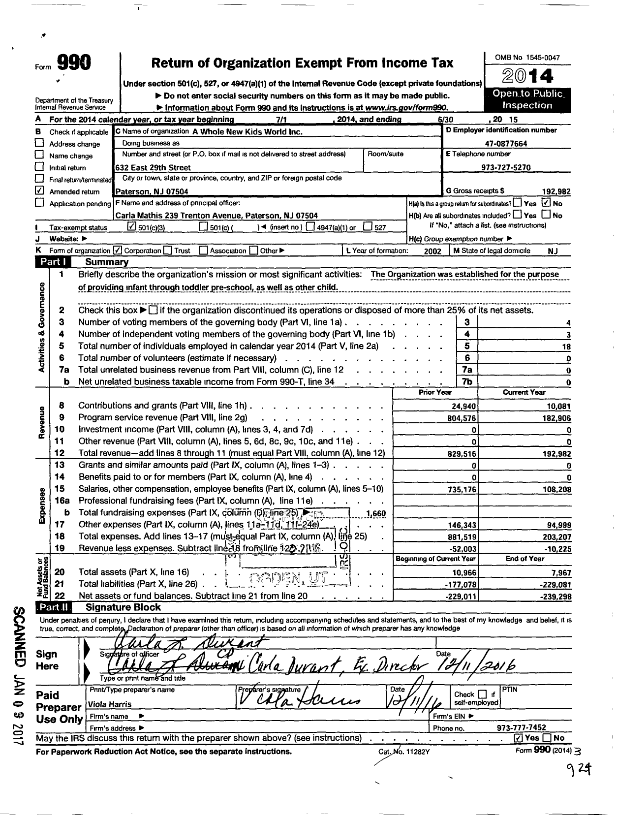 Image of first page of 2014 Form 990 for A Whole New Kids World