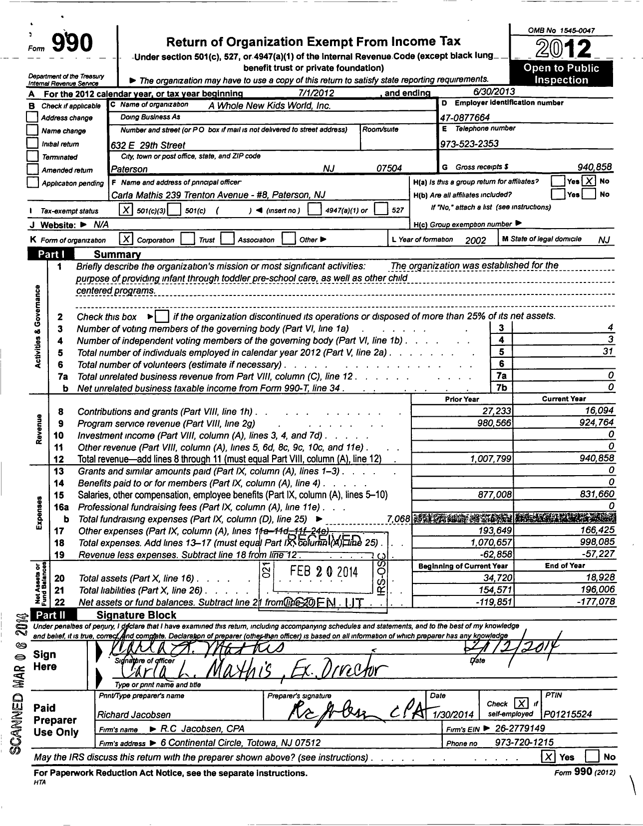 Image of first page of 2012 Form 990 for A Whole New Kids World