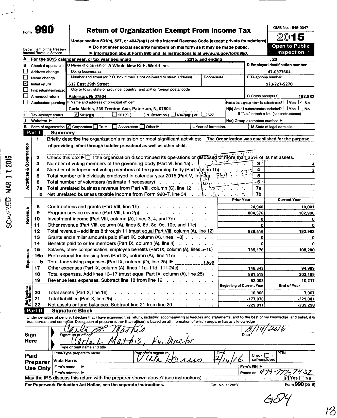 Image of first page of 2015 Form 990 for A Whole New Kids World