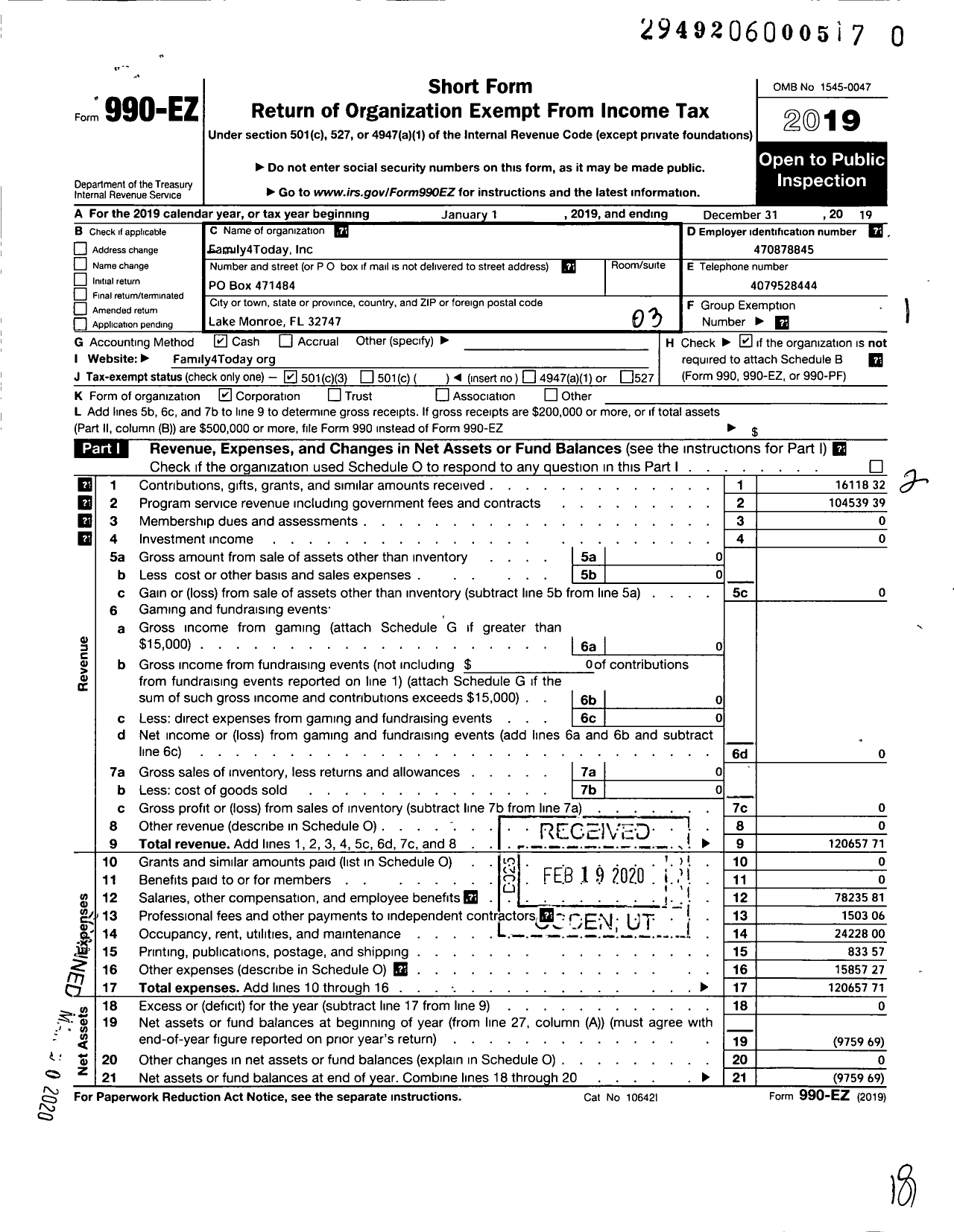 Image of first page of 2019 Form 990EZ for Family4today