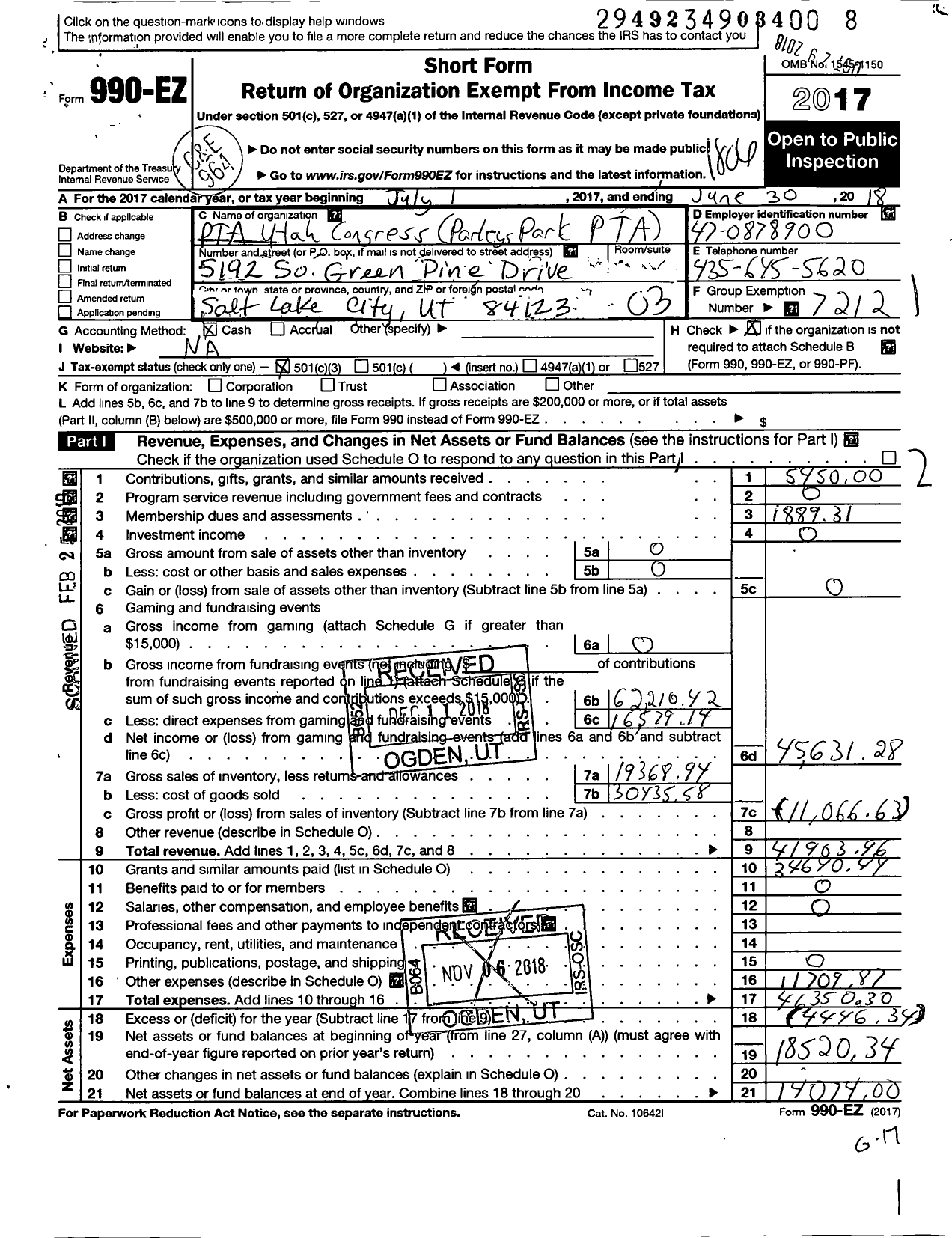 Image of first page of 2017 Form 990EZ for PTA Utah Congress / Parleys Park Elementary School PTA